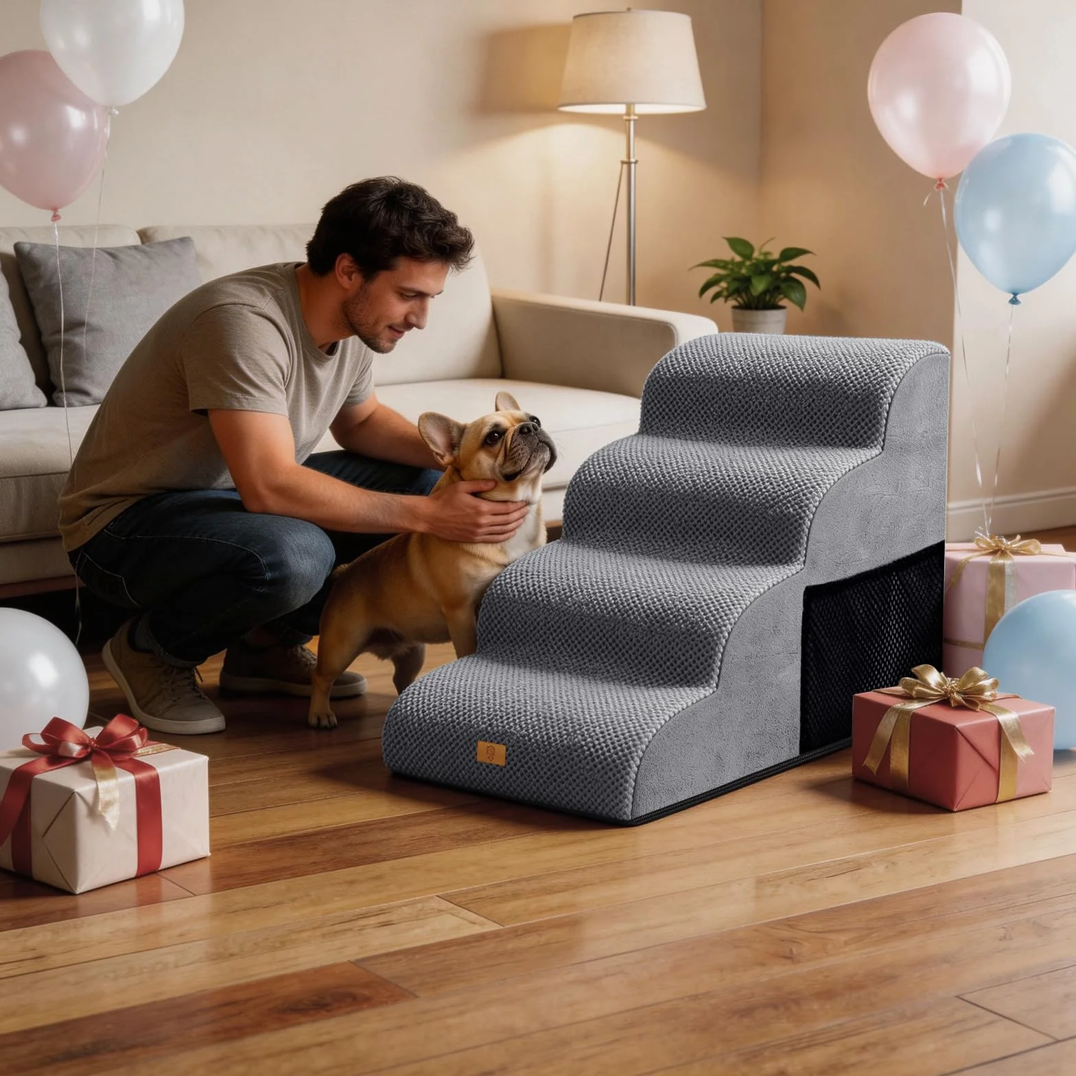 Rampa per Cani 4 Gradini, Scala in Schiuma ad Alta Densità Antiscivolo, 73.7x40.6x50.8 cm, Grigio