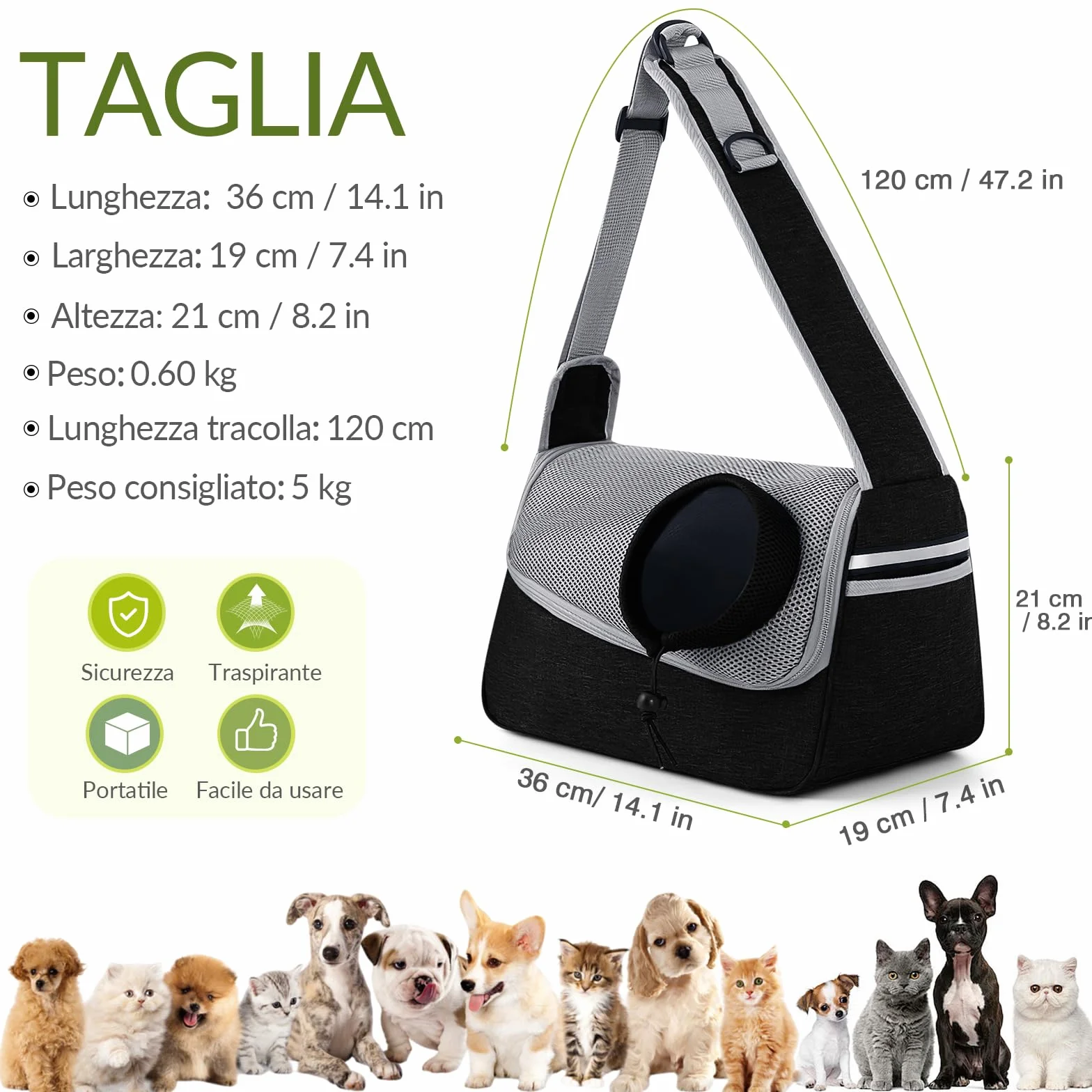 ALLSOPETS Borsa per Cani Piccoli e Gatti, Marsupio Traspirante con Tracolla Regolabile e Tasca Laterale, Trasportino da Viaggio Grigio Nero