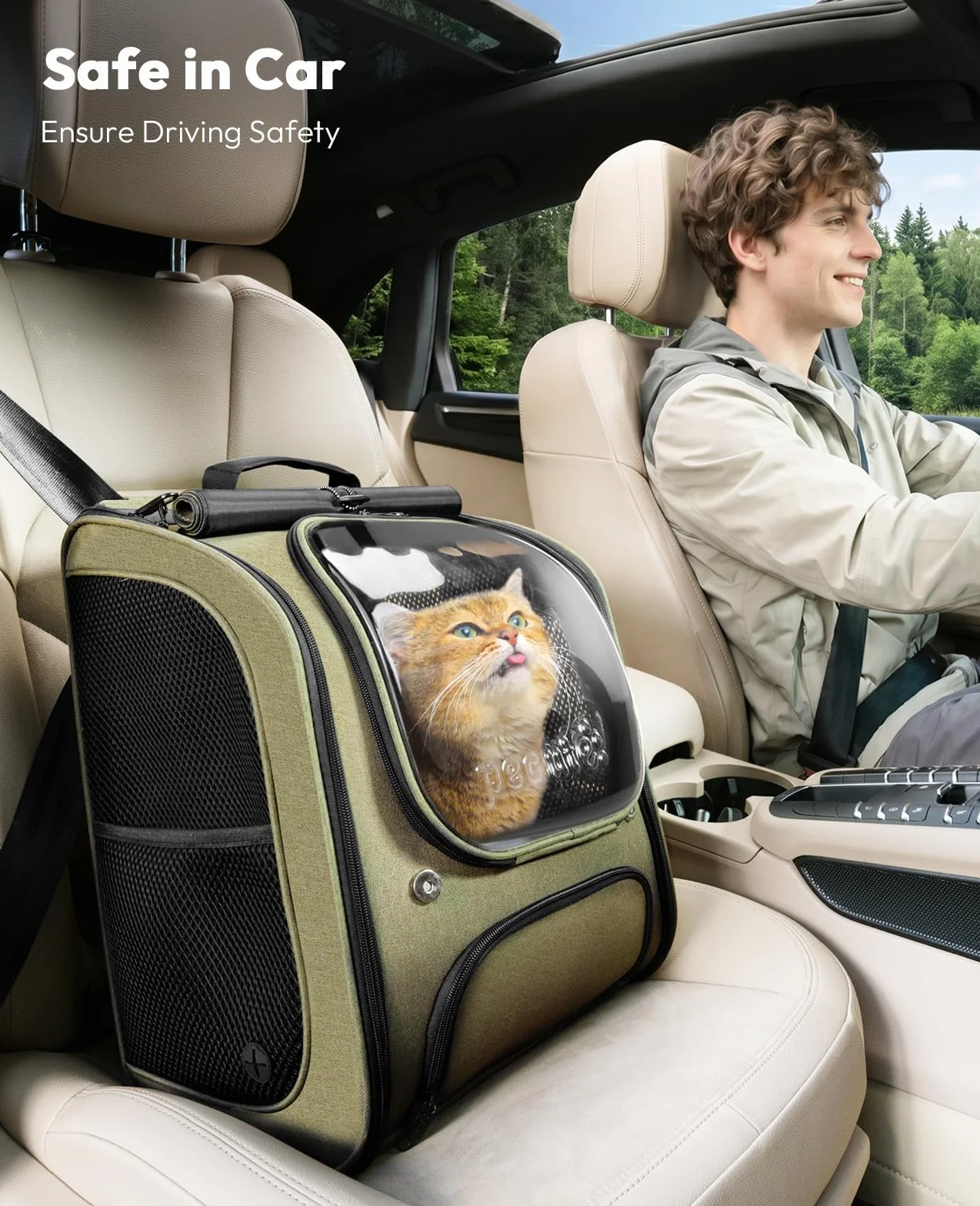 Pecute Zaino Trasportino per Gatti a Bolla - Ampio spazio stabile, parasole traspirante, ideale per viaggiare, fare escursioni, fare visitare cliniche veterinarie con il tuo animale domestico, Verde