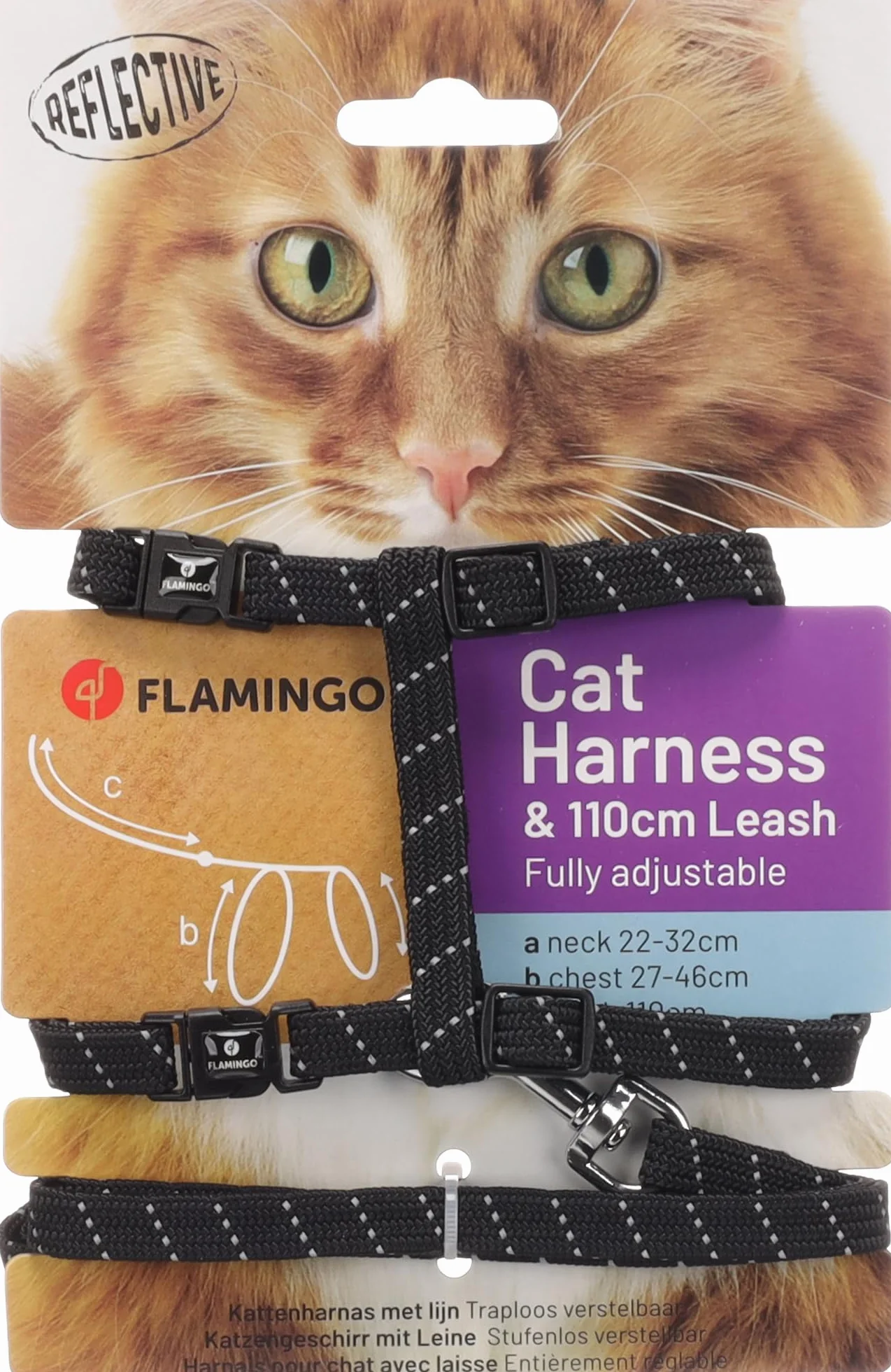 pettorina gatto - Elza nero - 22-32cm - 27-46cm - guinzaglio 110cm - nylon regolabile - riflettente - con moschettone