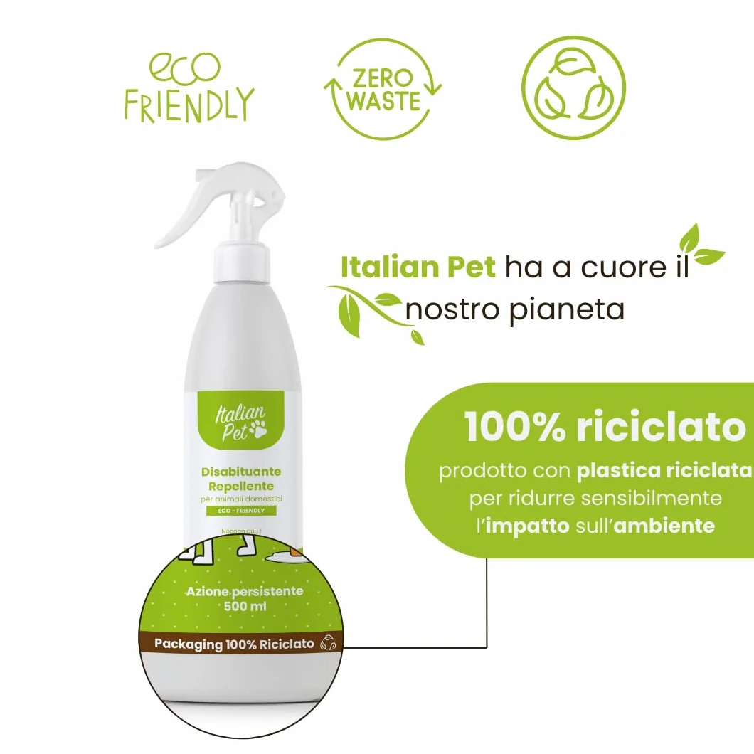 Italian Pet Eco Disabituante per Gatti, Cani, Animali Domestici - Repellente Pipì da Esterno e Interno - Dissuasore Naturale Urine Pronto Uso - Innocuo per Salute - Flacone plastica 100% riciclata