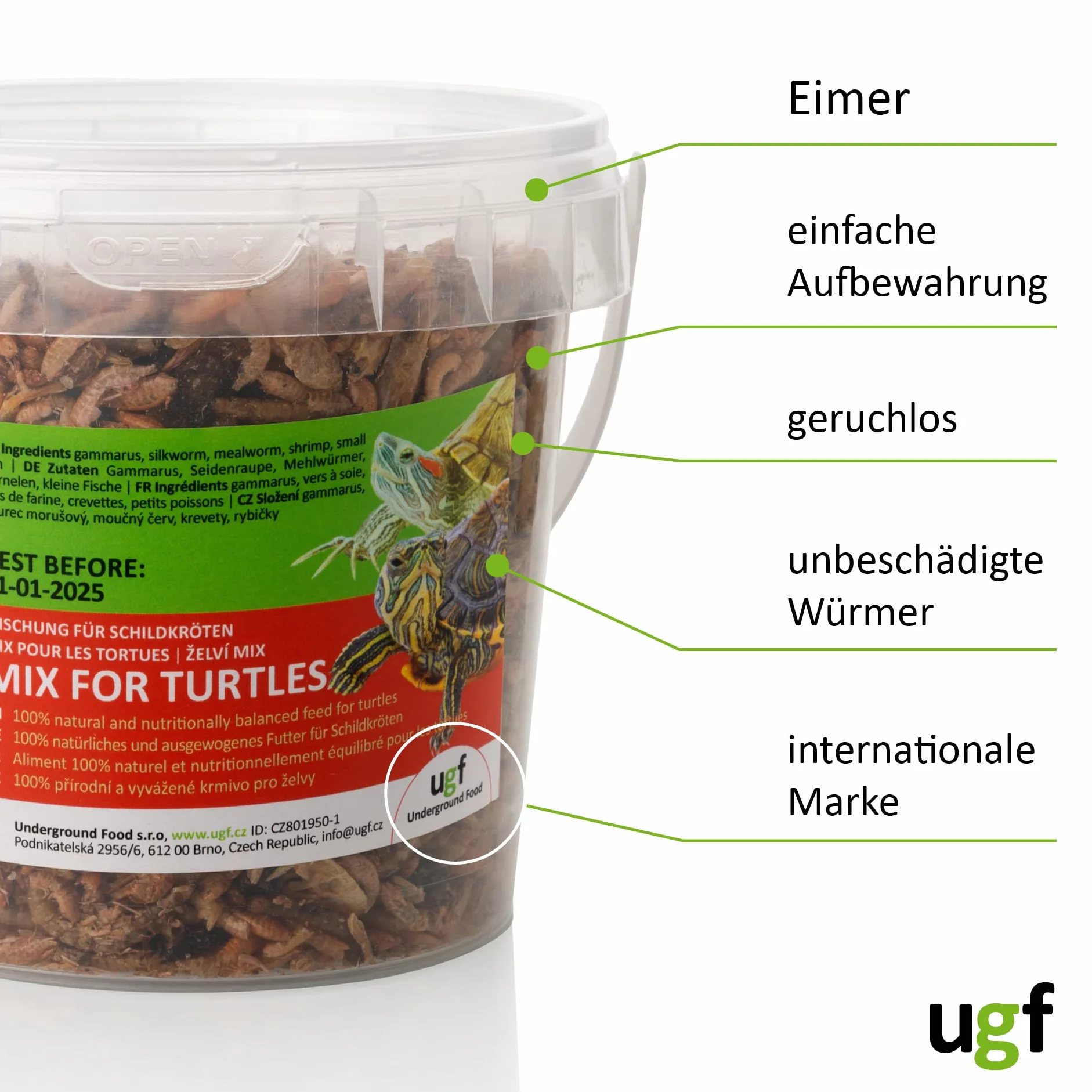UGF - Mix di Cibo Universale per Tartarughe - 90 g in Un Secchio da 500 ml, Cibo bilanciato per Tartarughe, Gammarus, bachi da Seta, Vermi della Farina, gamberetti e Pesce essiccato