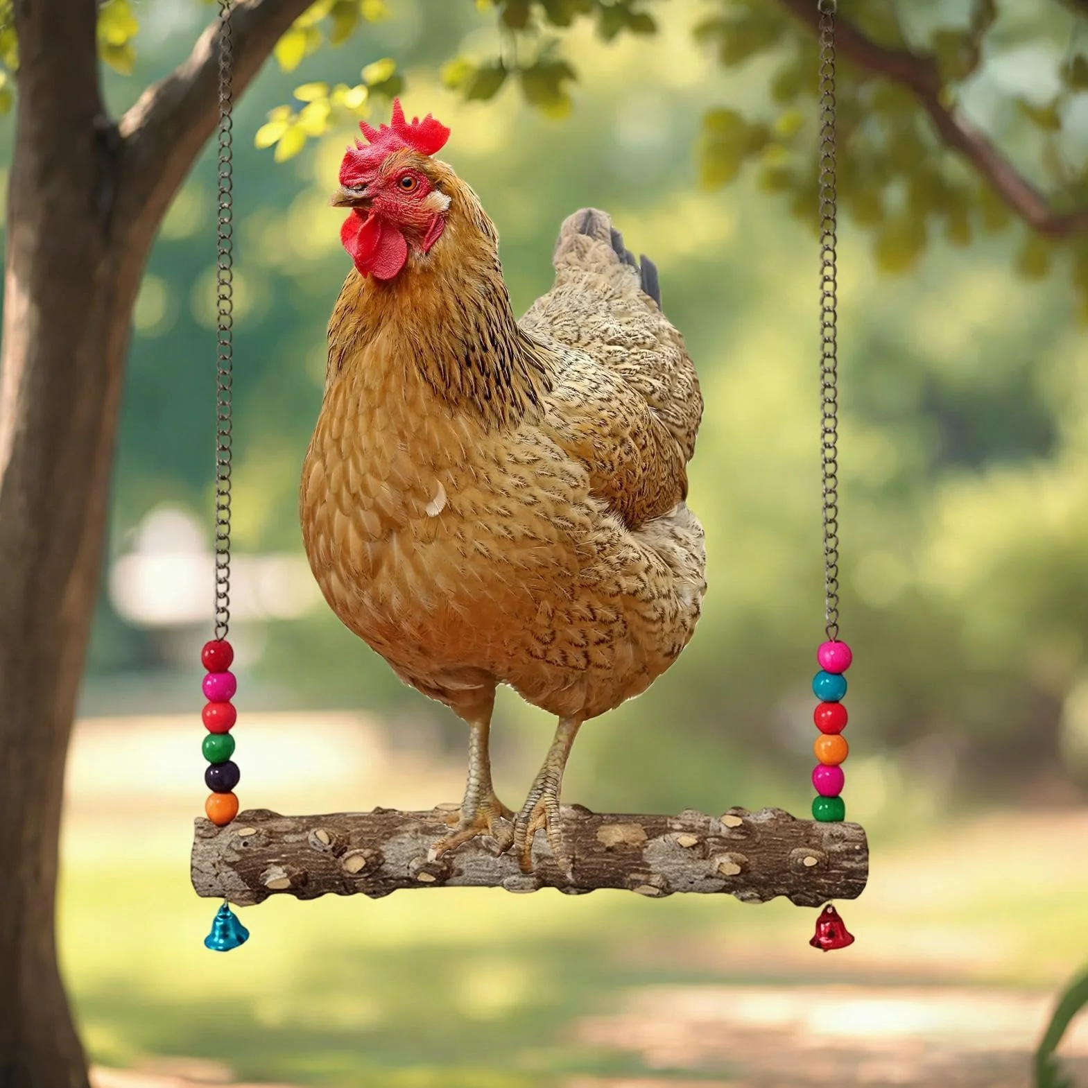 Altalena per Polli da Pollaio Giochi in Legno con Campanelle Giocattoli per Gabbia Galline Arrampicarsi Masticare Esterno