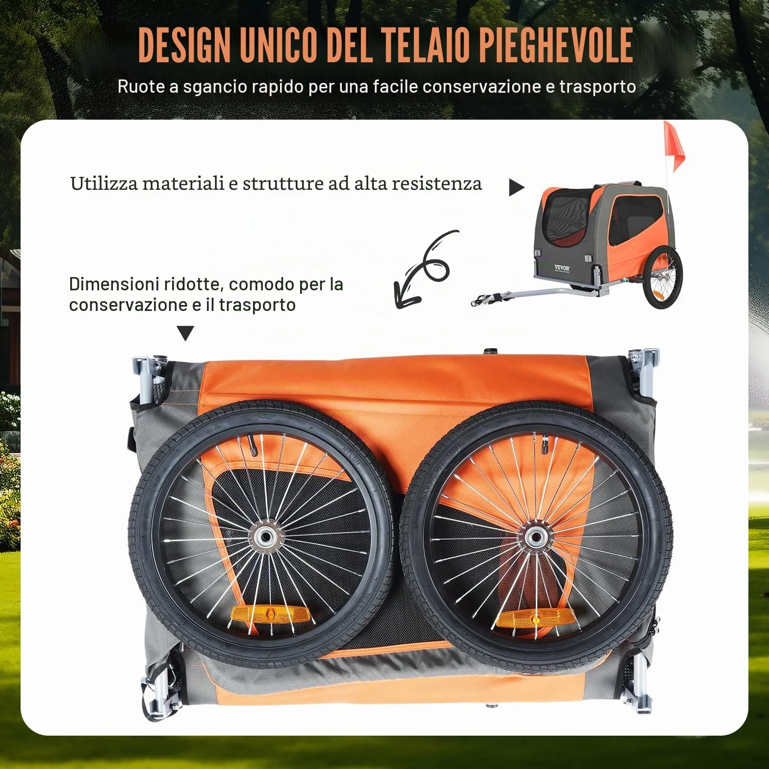 VEVOR Rimorchio Bici per Cani Pieghevole Portata max. 30 kg Passeggino per Animali Domestici con Ruote a Sgancio Rapido Telaio in Acciaio Carrello per Bici Traino Rimorchio Animali Arancione/Grigio