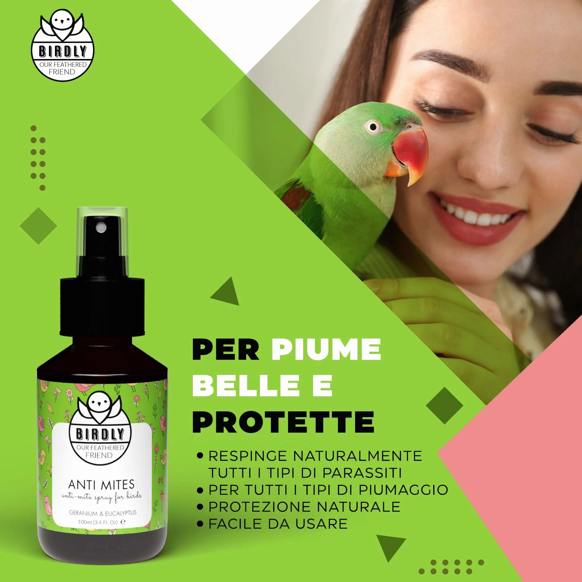Birdly Spray Antiparassitario per Galline e Uccelli - Repellente Anti Acari con Vitamina E, 100ml