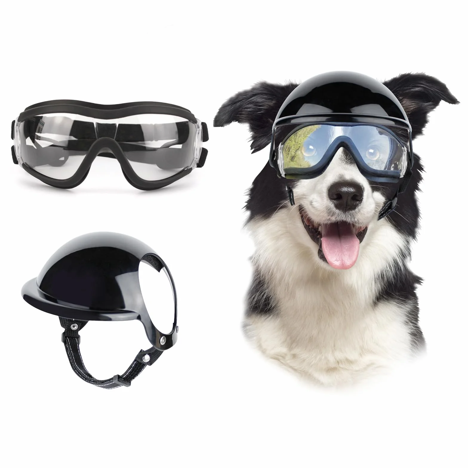 Set di occhiali e casco per cani, occhiali da sole antipolvere con protezione UV, resistente casco da moto con foro per le orecchie, occhiali regolabili per cani di taglia media e grande