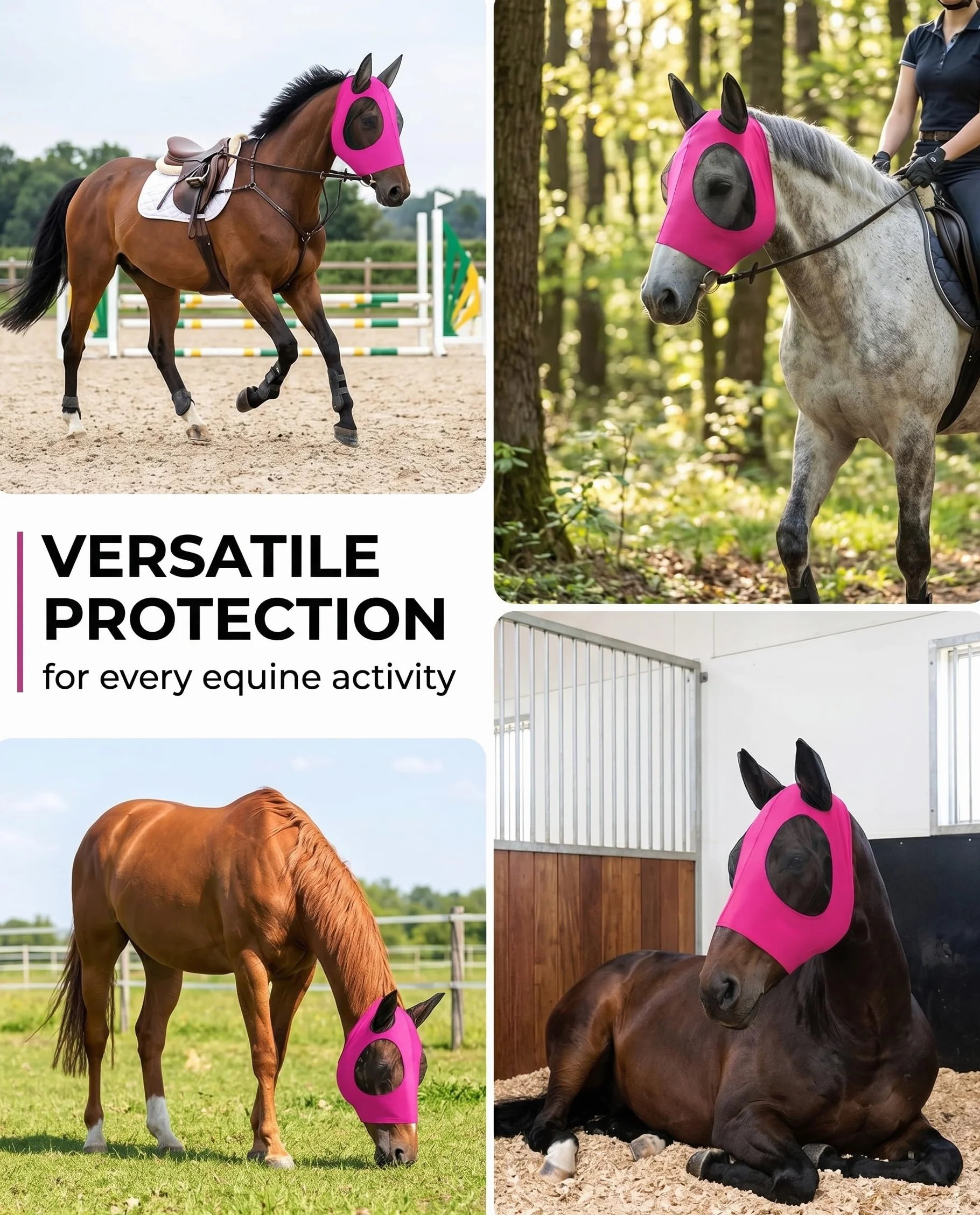 Mascherina per Cavalli Rosa Fucsia con Paraorecchie Protezione UV Insetti Rete Traspirante