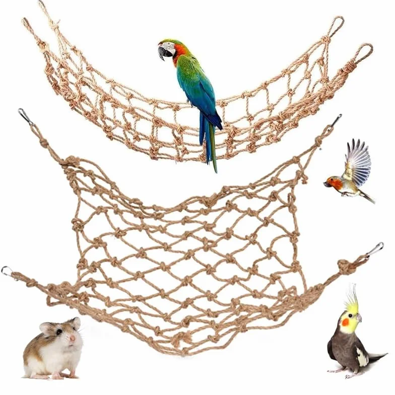 Amache a Dondolo per Pappagalli in Rete di Corda Naturale, 2 Pacchi per Uccelli, Ratti, Ara, Parrocchetto