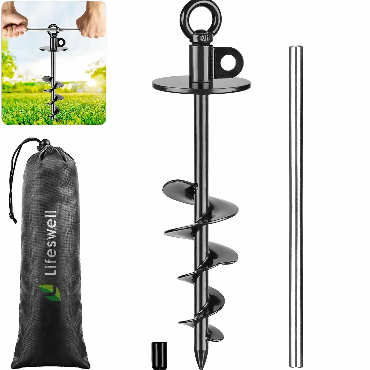 Palo per cani 38 cm, resistente fino a 99,8 kg, nessun groviglio, facile da installare, ideale per cortile, campeggio e spiaggia, confezione da 1 (nero)