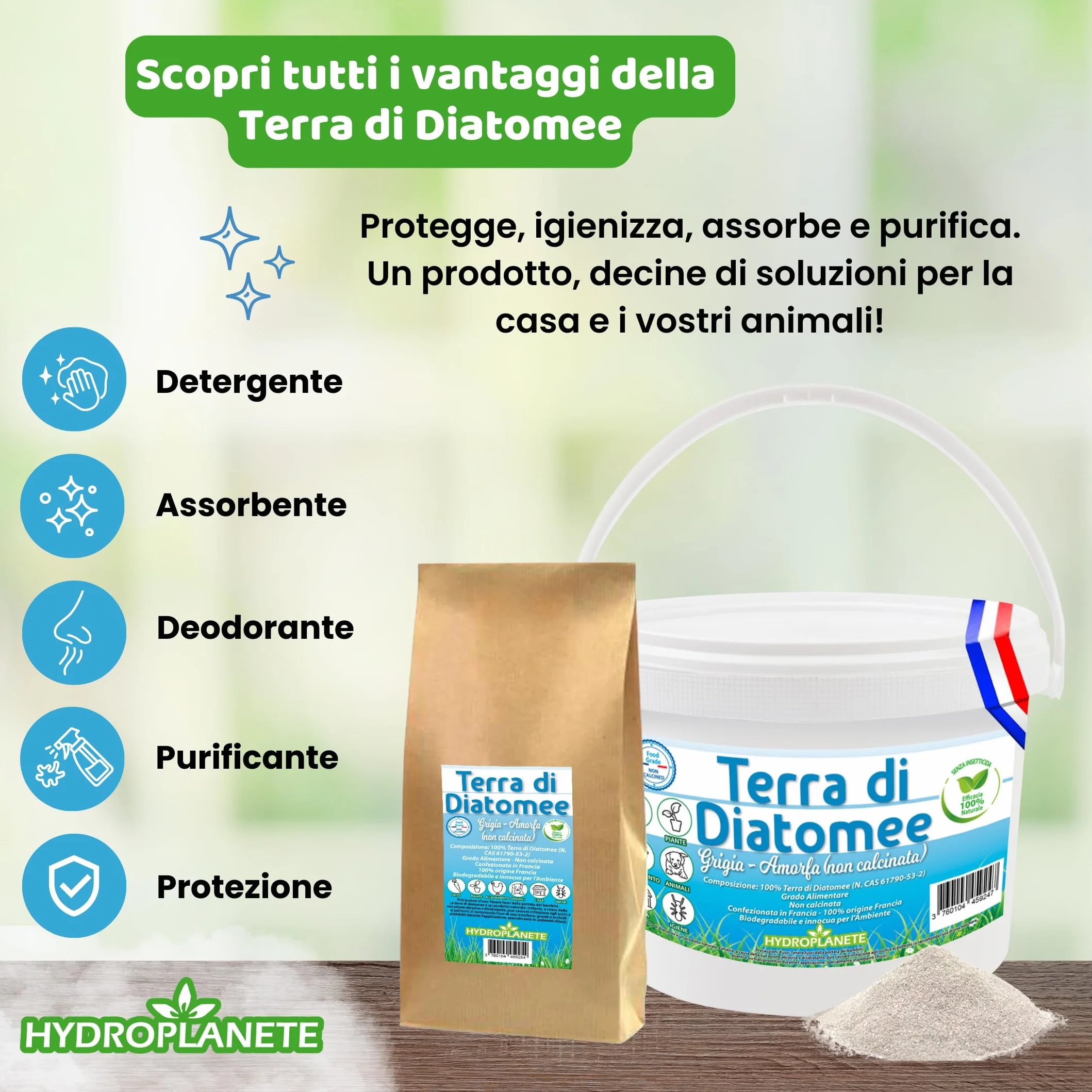 Terra di diatomee grigia multiuso | Polvere alimentare e igiene animale | Senza additivi e 100% naturale | Prodotto in Francia | Disponibile da 350 g a 25 kg | Hydroplanete (3 kg)