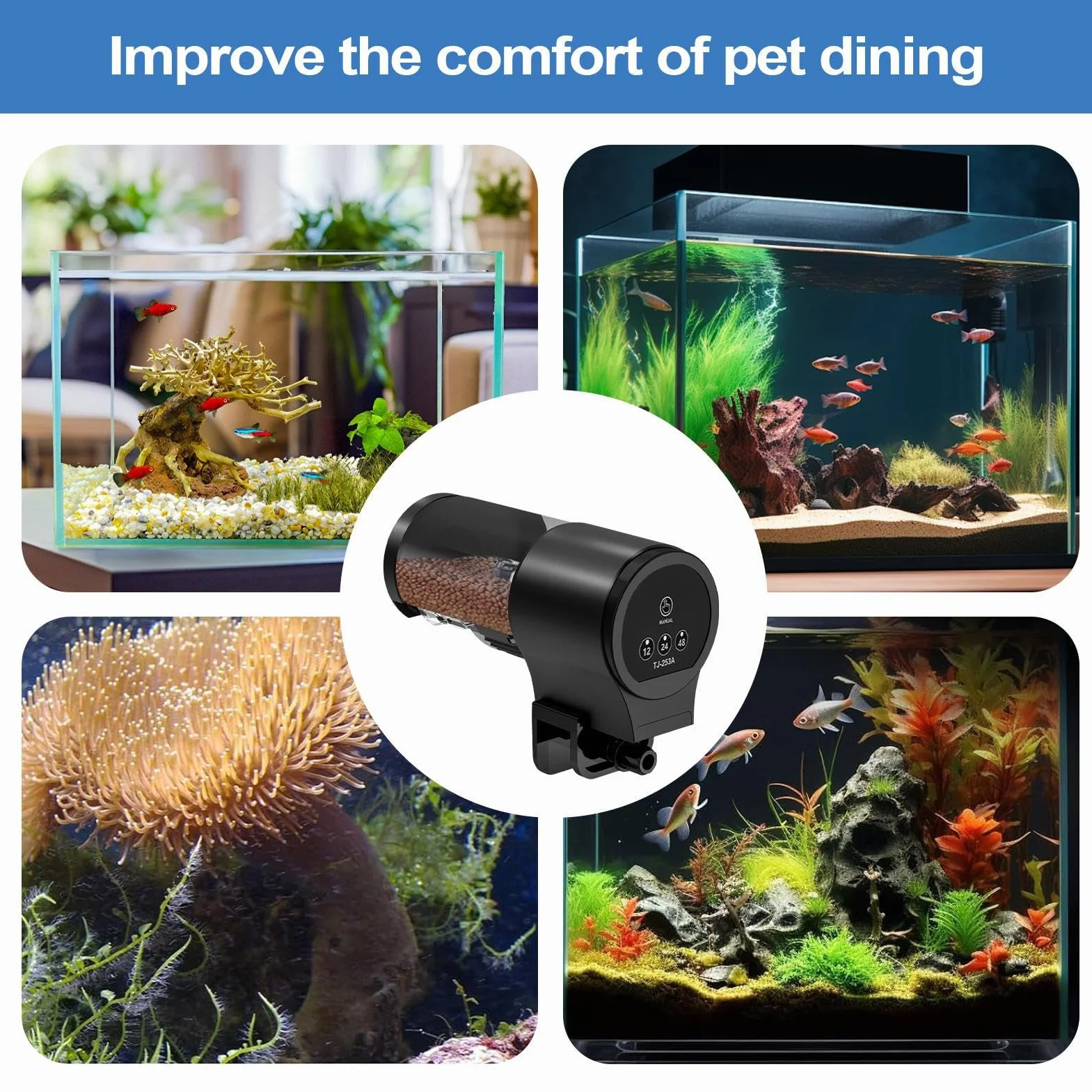 Alimentatore Automatico per Pesci - Mangiatoia Automatica E Manuale Per Acquario | Capacità 100ml Dispensazione Temporizzata 12H 24H 48H Per Gamberetti Tartarughe Tetra Koi Betta