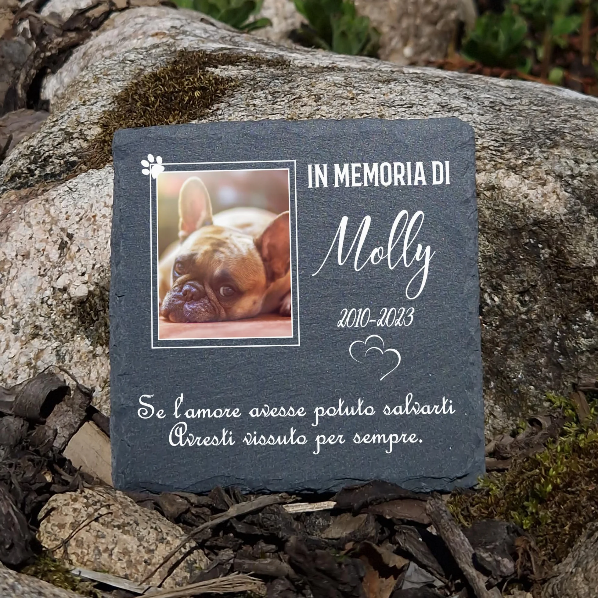 Targa commemorativa personalizzata per animale domestico in pietra d'ardesia 10x10 cm cornice bianca