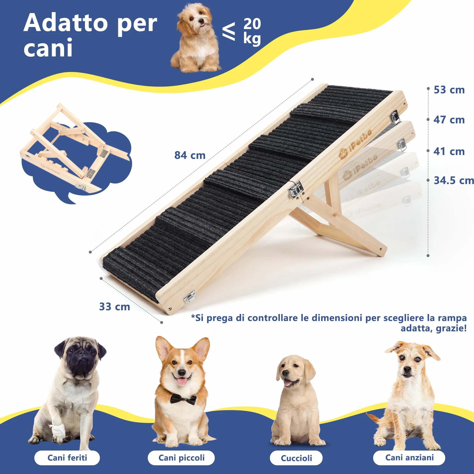 Rampa per Cane per Letto e Divano Antiscivolo Pieghevole Regolabile Portatile Fino a 16 kg
