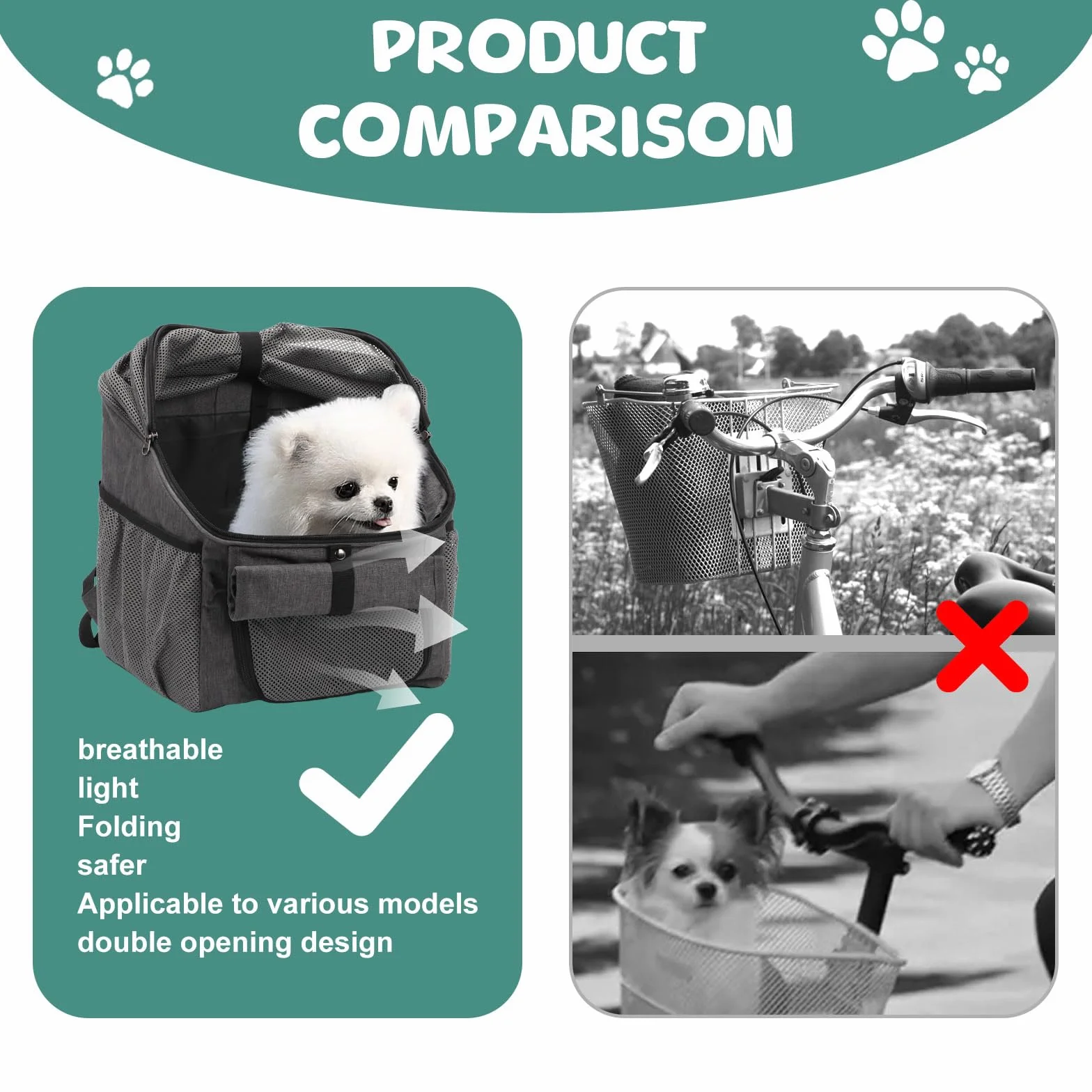 Bigking Borsa per Bicicletta per Animali Domestici, Cestino Anteriore per Cani, Cestino Pieghevole per Bicicletta, Adatto per Equitazione All'aperto E Campeggio Con Animali Domestici (Grigio)
