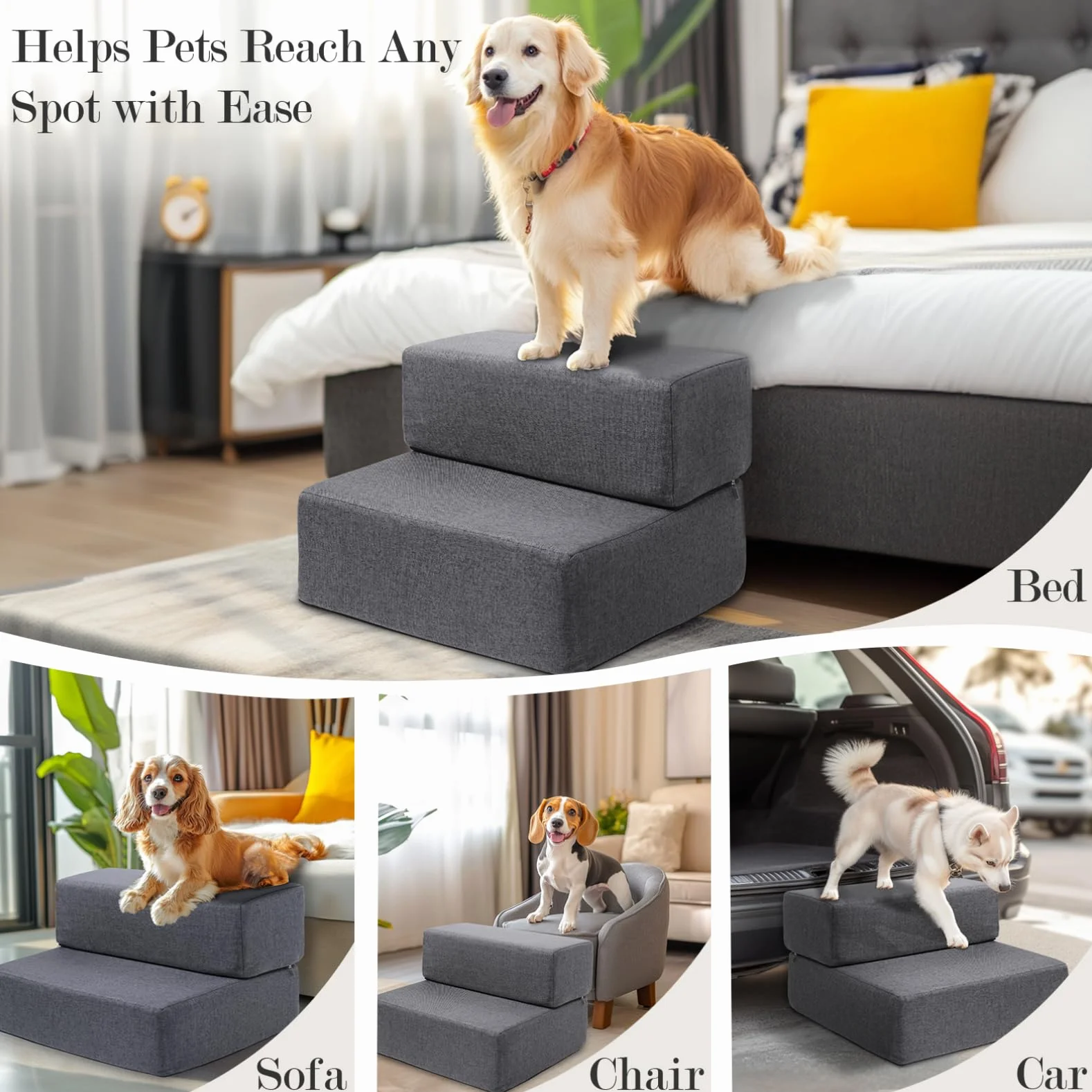 Scaletta per cani piccola taglia 30,5 cm 2 gradini modulare antiscivolo per letto divano grigio