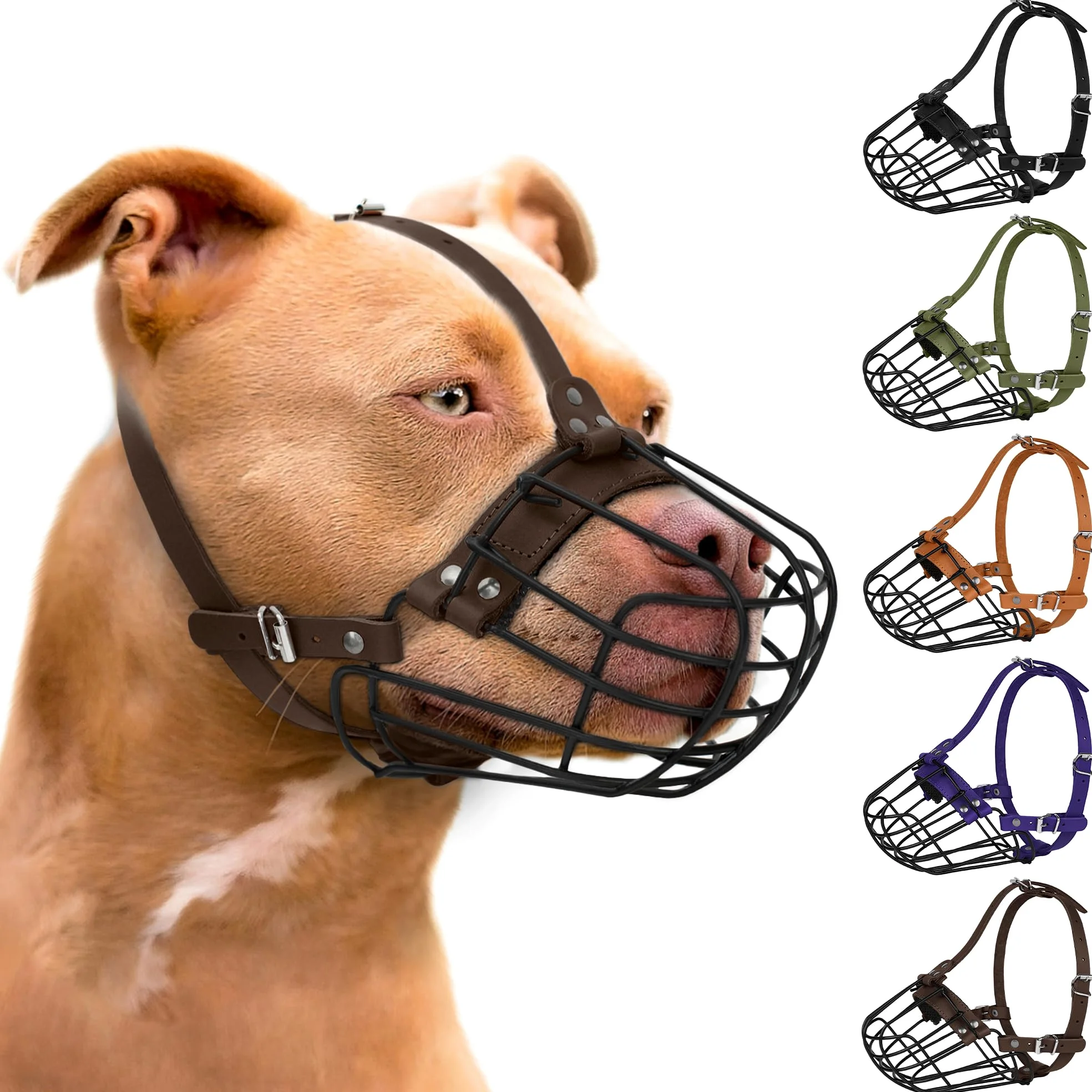 Pitbull, museruola traspirante in metallo, cestino per cani di taglia grande, Amstaff Staffordshire Terrier, maschera con filo di sicurezza, regolabile e resistente, cinghie in pelle per mordere