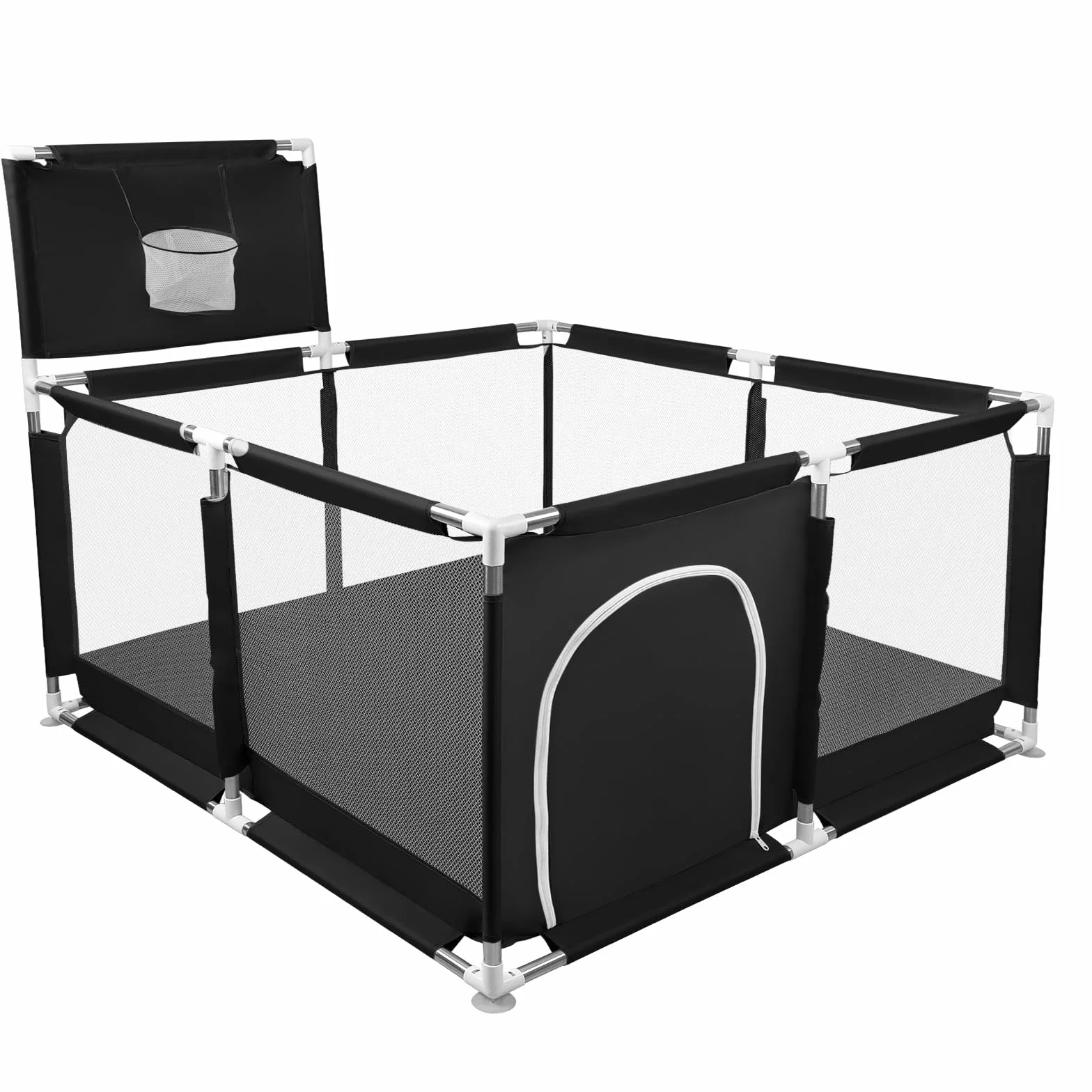 Parco per cuccioli con porta, parco per cuccioli o cani piccoli, recinzione solida in tessuto spesso e rete in nylon ad alta resistenza, lavabile in lavatrice, interno/esterno, 126 x 126 x 66 cm, nero