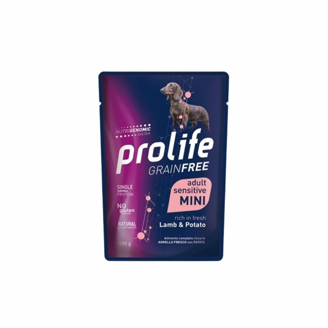 Prolife umido cane monoproteico sensitive grainfree (senza cereali) adult mini AGNELLO e PATATE | 12 bustine da 100 grammi l'una.