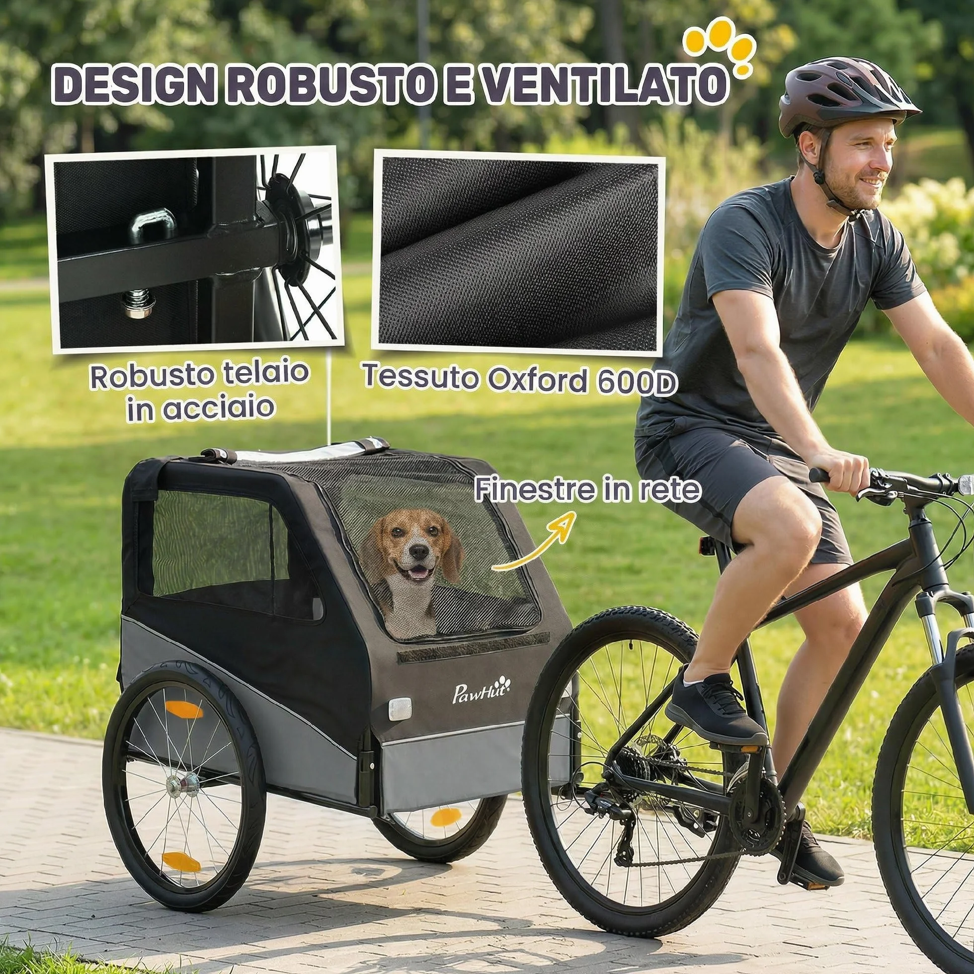 PawHut Rimorchio Bici per Cani Pieghevole con Ruote Gonfiabili a Sgancio Rapido, Ampie Finestre, Carrello Bicicletta Cani Media 20 kg, Catarifrangenti, Guinzaglio, Bandierina, Metallo e 600D Oxford