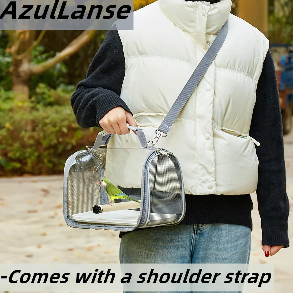 Borsa per uccelli,borsa da viaggio,completamente trasparente,19,5*26*19cm,portauccelli portatile con vassoio in plastica,palo di legno,traspirante per animali domestici,1 molari da pietra (grigio.)