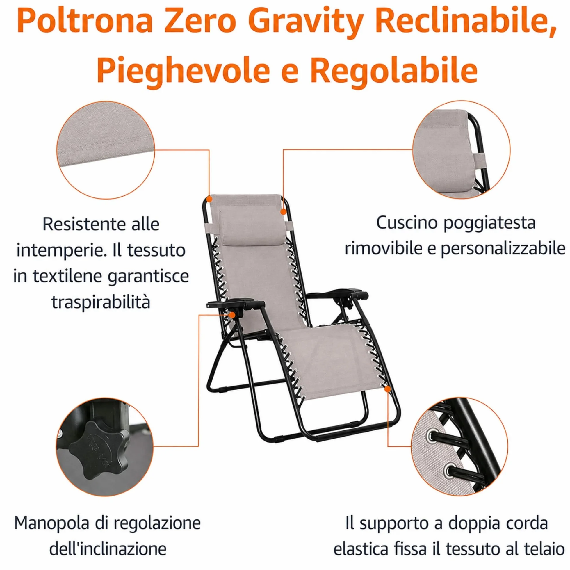 SUNNY STAR 2 Sedie Zero Gravity 115x65x90cm colore grigio (2 STC1438)