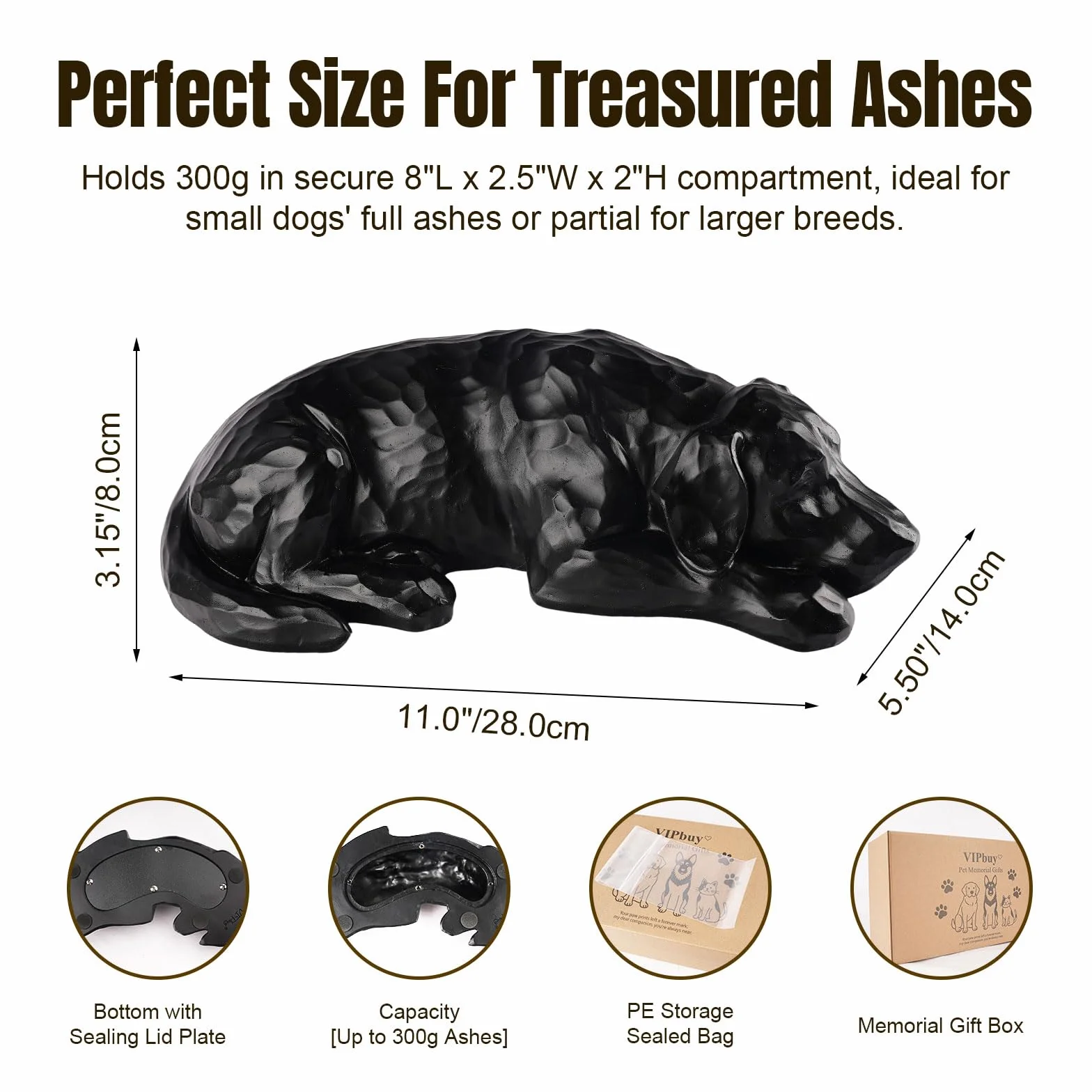 Regalo commemorativo per cani - Urna per ceneri in resina scolpita, regalo di simpatia per la perdita di un cane, ricordo commemorativo per animali domestici (Nero)