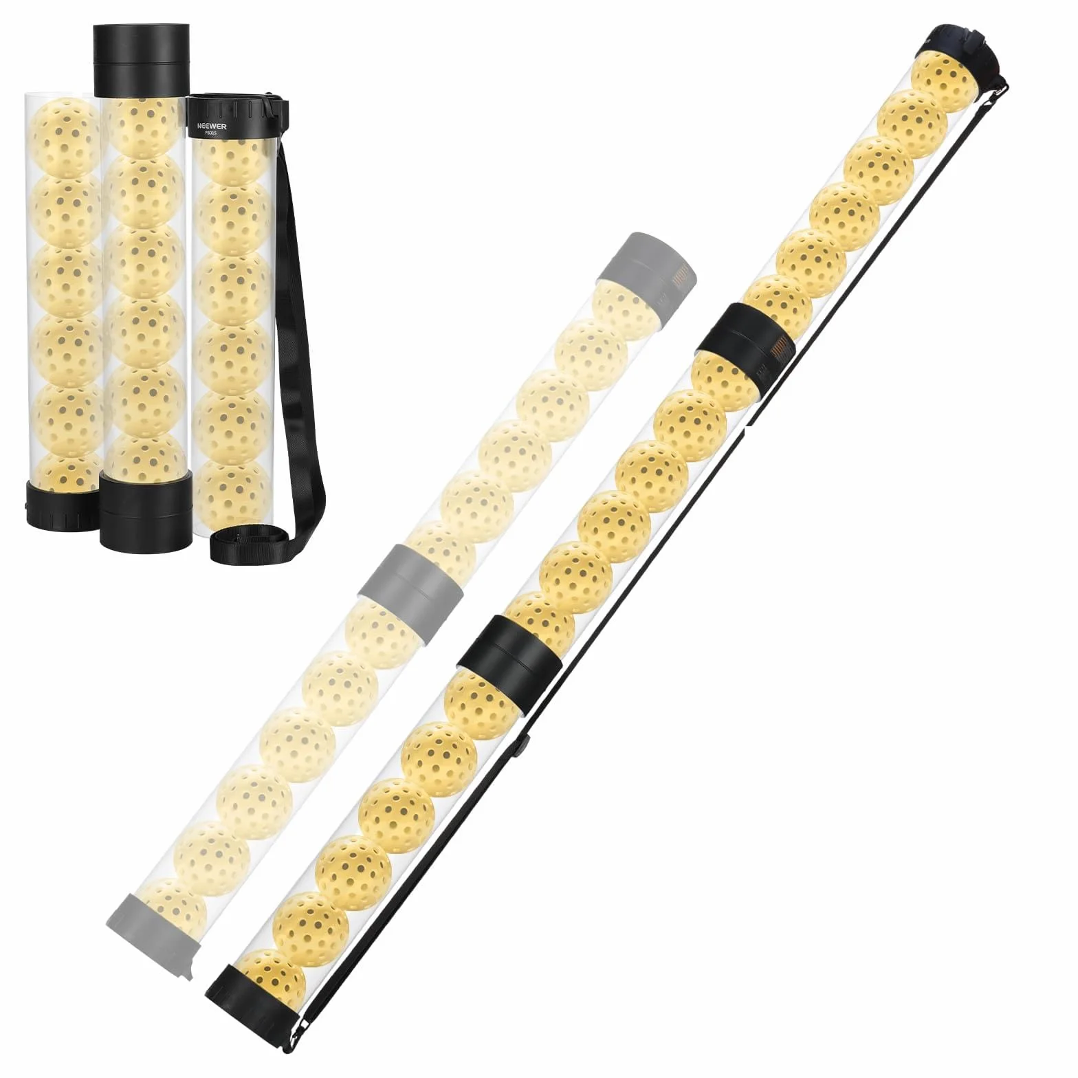 NEEWER Raccoglitore Palline Tramoggia a Tubo per 18 Pickleball e 21 Palline Tennis, Portapalle Superiore Staccabile per Ball a 3 Sezioni con Tappo, Tracolla per Raccolta Senza Chinarsi,PB01S