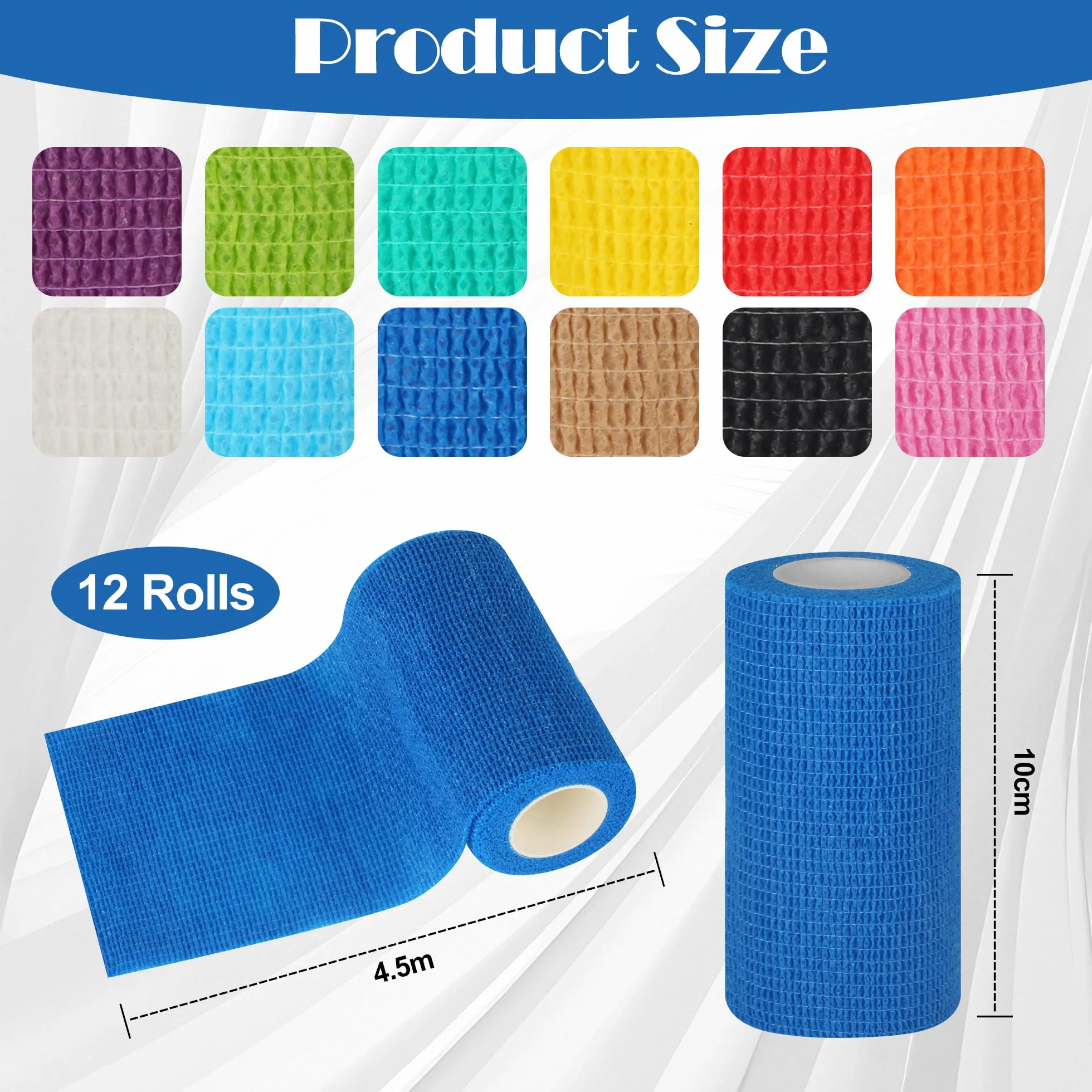 12 Rotoli Benda Elastica Coesiva 10cm x4.5m, Bendaggio Adesiva Sportivo Non Tessuto Autoadesivo Benda Salvapelle Fasciature per Mani, Piedi, Ginocchia, Anche per Bendaggi Veterinari per Animali