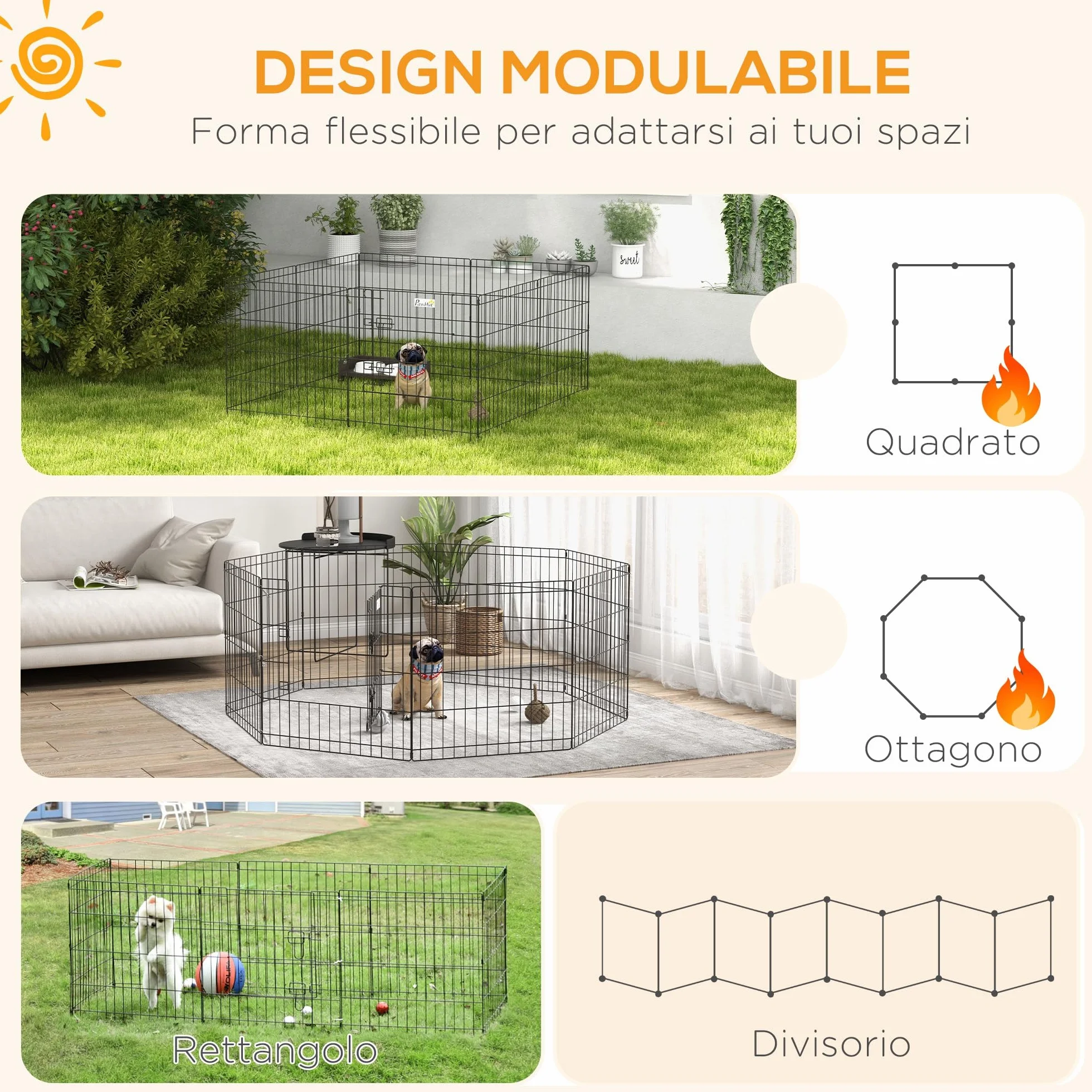 PawHut Recinto per Cani da Esterno e Interno, Recinzione Box 8 Pannelli a Rete con Porta 61 x 61cm, Nero