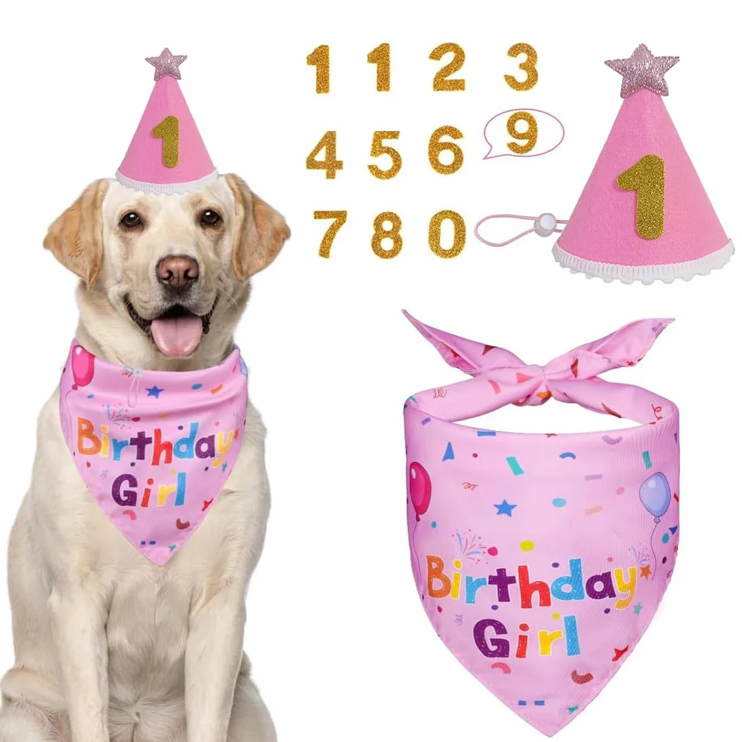 Set per feste di compleanno per cani per ragazzi e ragazze, accessori per il compleanno, bandana e cappello da compleanno, regalo e decorazione per cani di taglia media e grande,Rosa