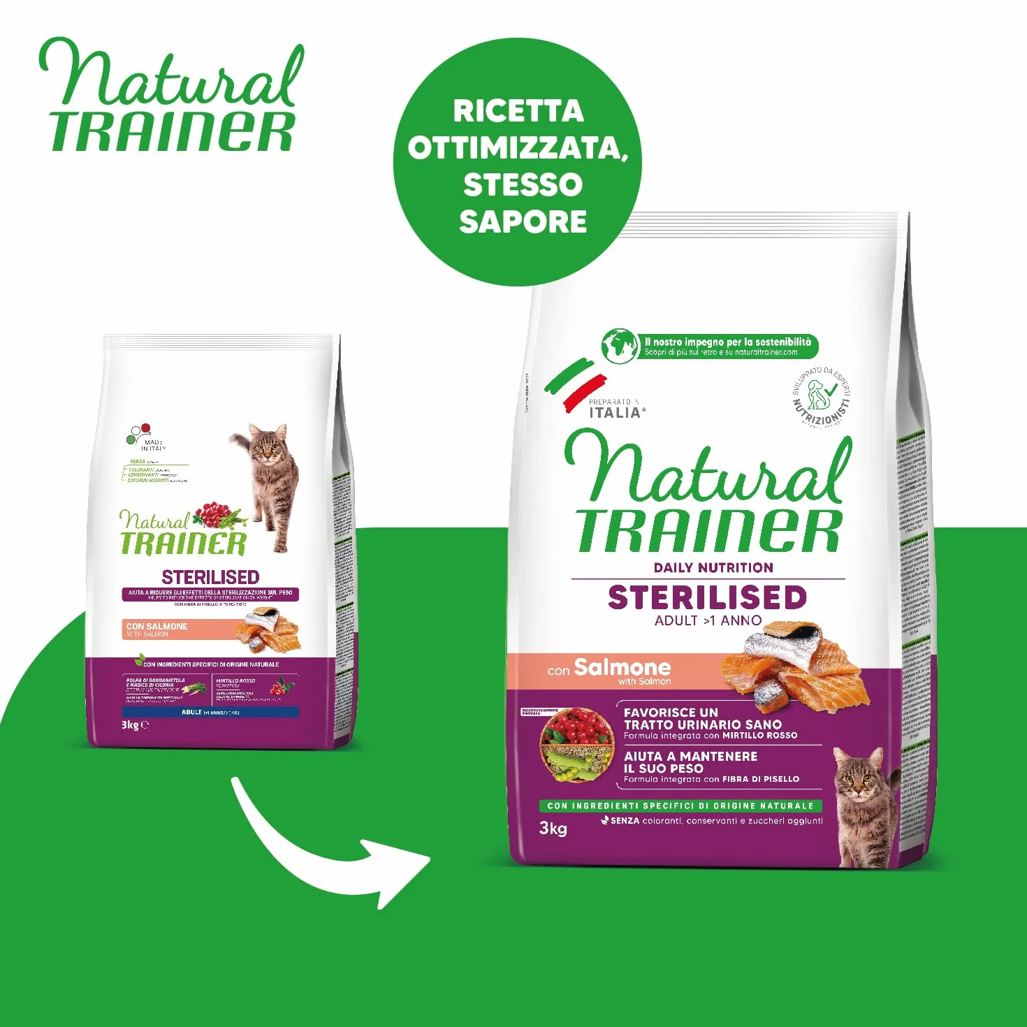 Trainer Natural Sterilised Adult con Salmone e Fibra di Pisello 3 kg