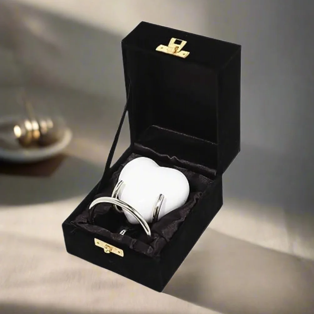 Urna funeraria a Forma di Cuore per Ceneri funeraria, Mini ricordo + Supporto a Forma di Cuore in Metallo (Bianco Tinta Unita, 7,6 cm)