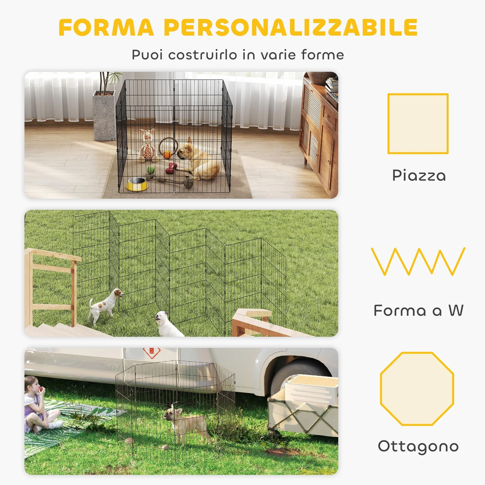 PawHut Recinto per Cani Pieghevole in Metallo, Recinto Espandibile per Animali con Picchetti per Interni ed Esterni, 50 x 80 cm, 8 Pannelli, Nero