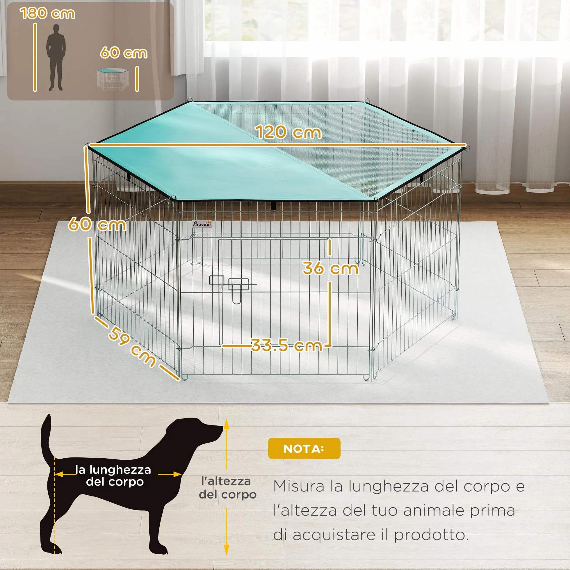 PawHut Recinto Pieghevole per Cani in Filo Metallico 120x60cm con Copertura Impermeabile