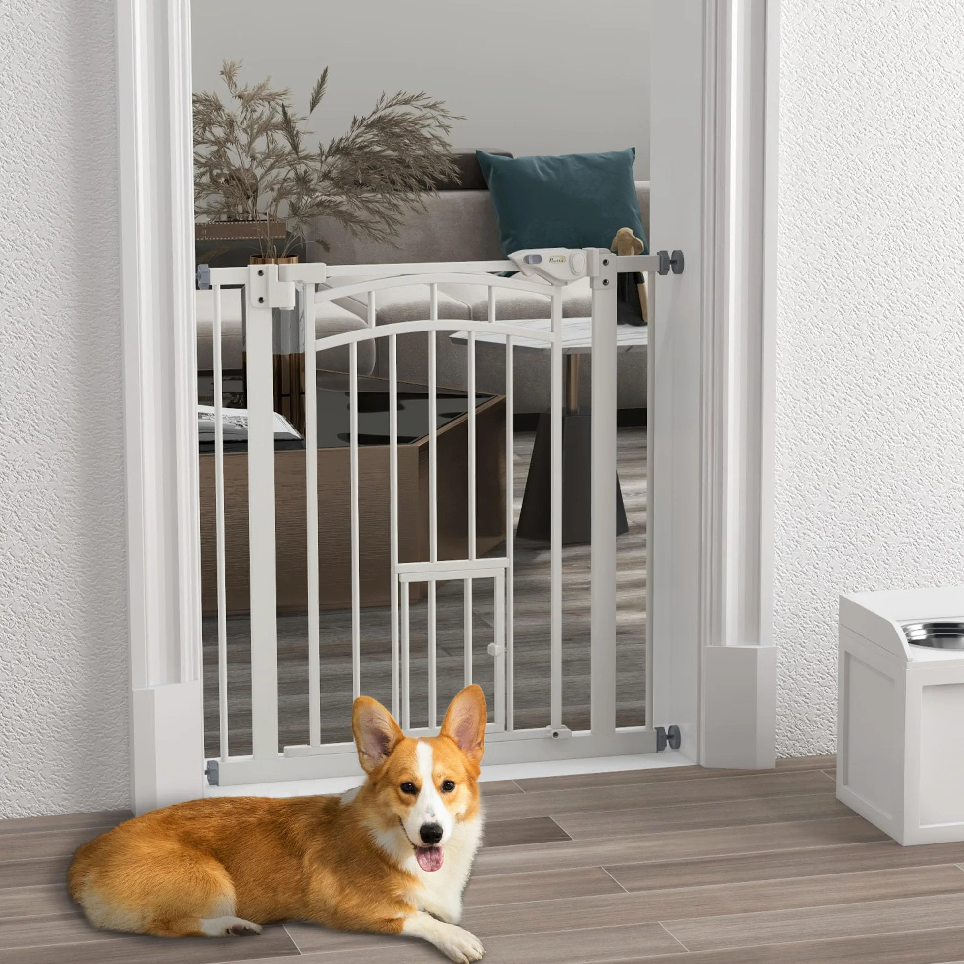 PawHut Cancellino per Cani Estensibile con Chiusura Automatica, Acciaio e PA, 74-80x76 cm, Bianco