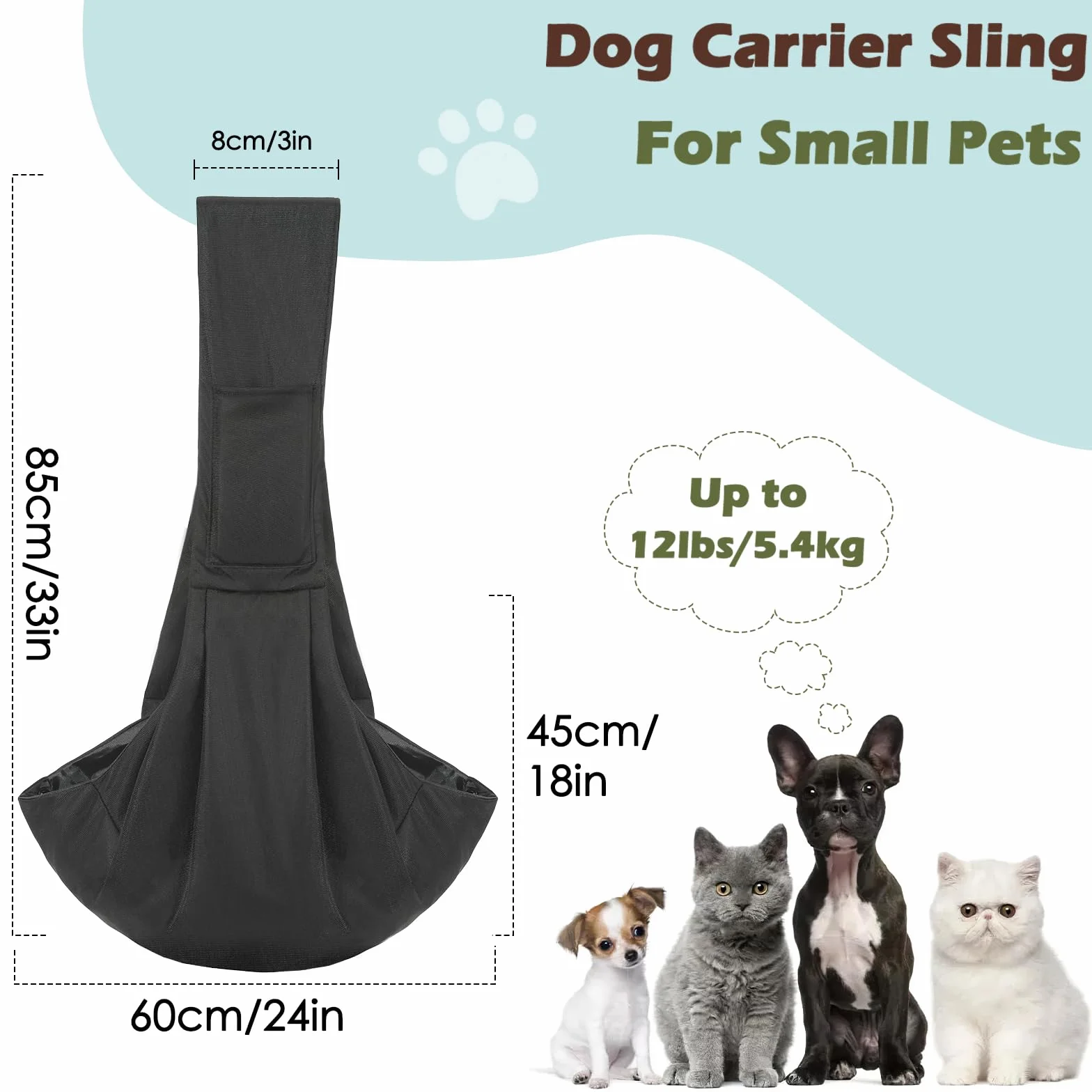 Pawaboo Trasportino per Cani di Piccola Taglia Reversibile a Mani Libere con Imbragatura di Sicurezza, Nero