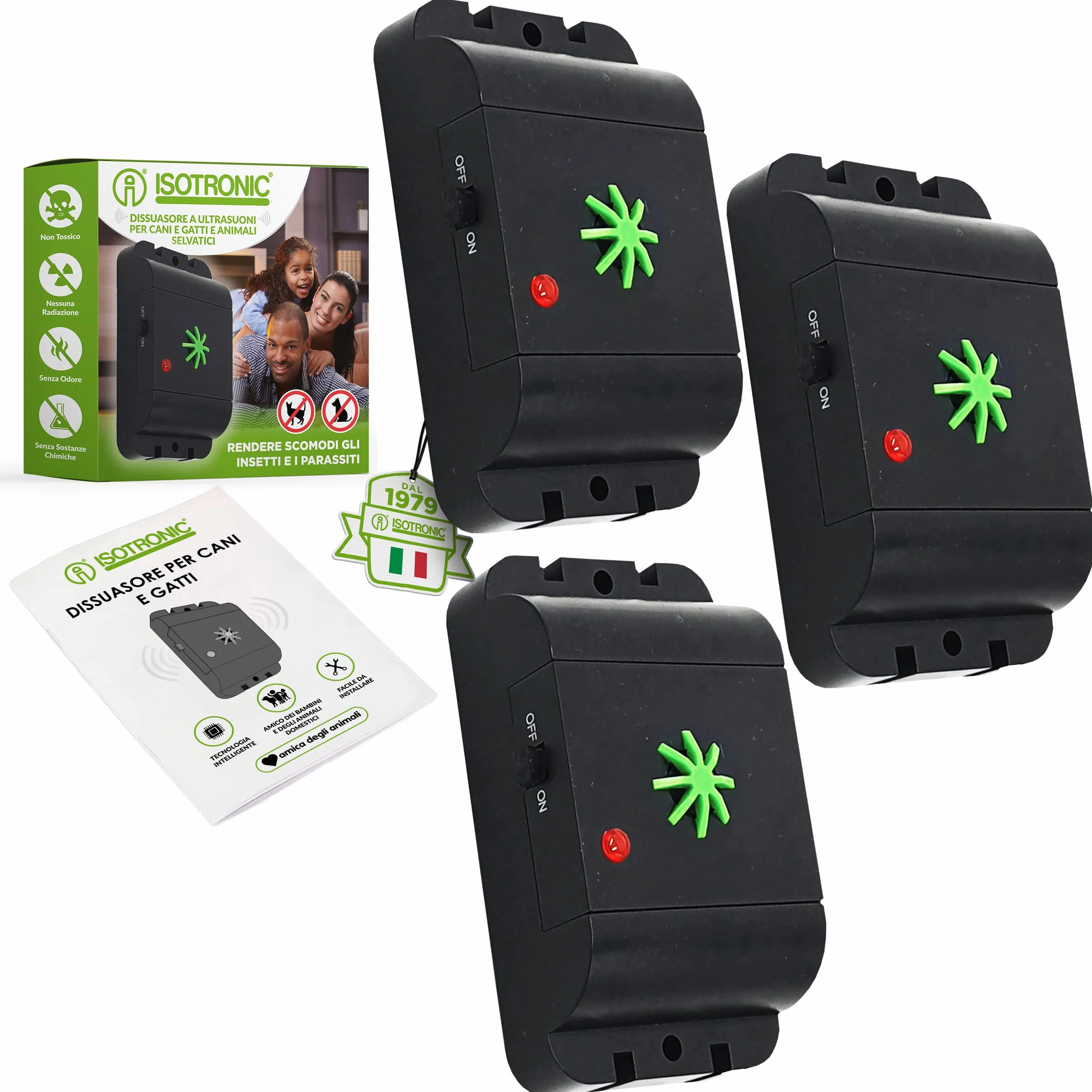ISOTRONIC repellente animali ultrasuoni gatti cani dissuasore fienile giardino auto garage batteria raggio 40m² 3 pezzi efficace esterno interno protezione difesa mobile impermeabile stop parassiti