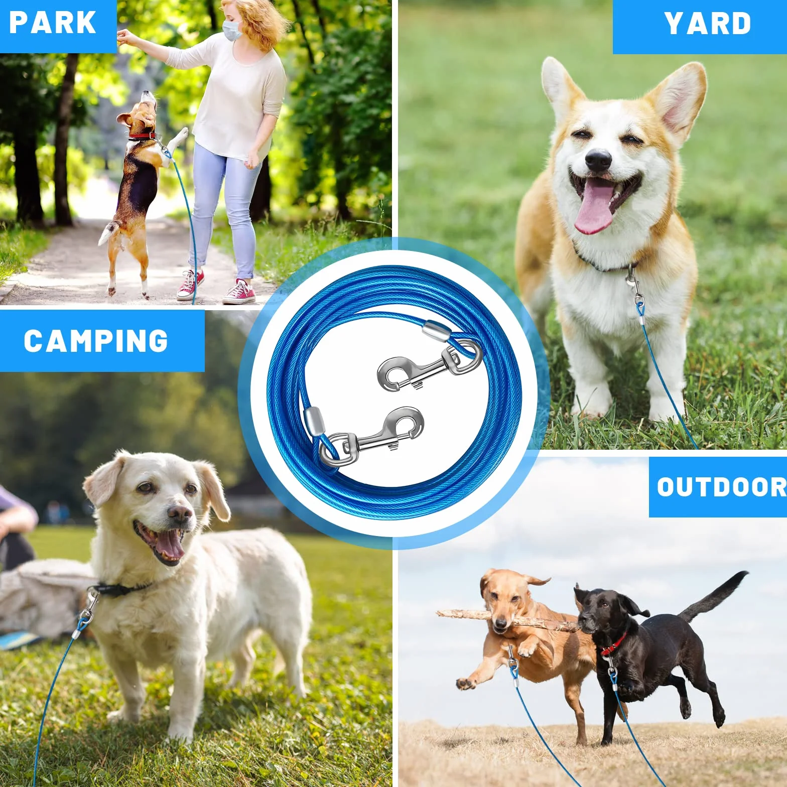 Dog Tie out Cable 10/15/20/25/30 FT Dog Runner for Yard Steel Wire Dog Cable with Durable Superior Clips Blue Dog Chains for Outside Dog Lead for Large Dogs Up to 165 lbs