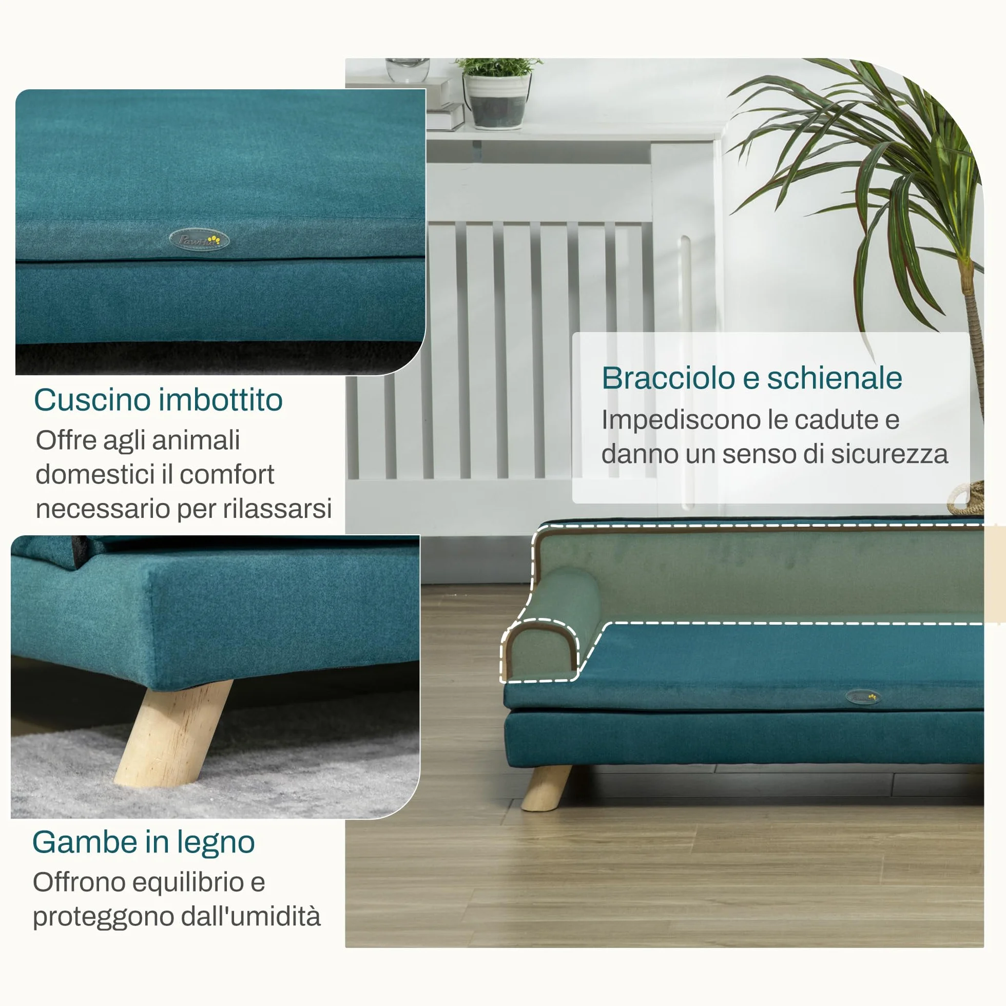 PawHut Divano per Cani Grandi con Imbottitura e Rivestimento Morbido, Cuccia per Cani con Rivestimento Lavabile e Gambe in Legno, Verde Scuro