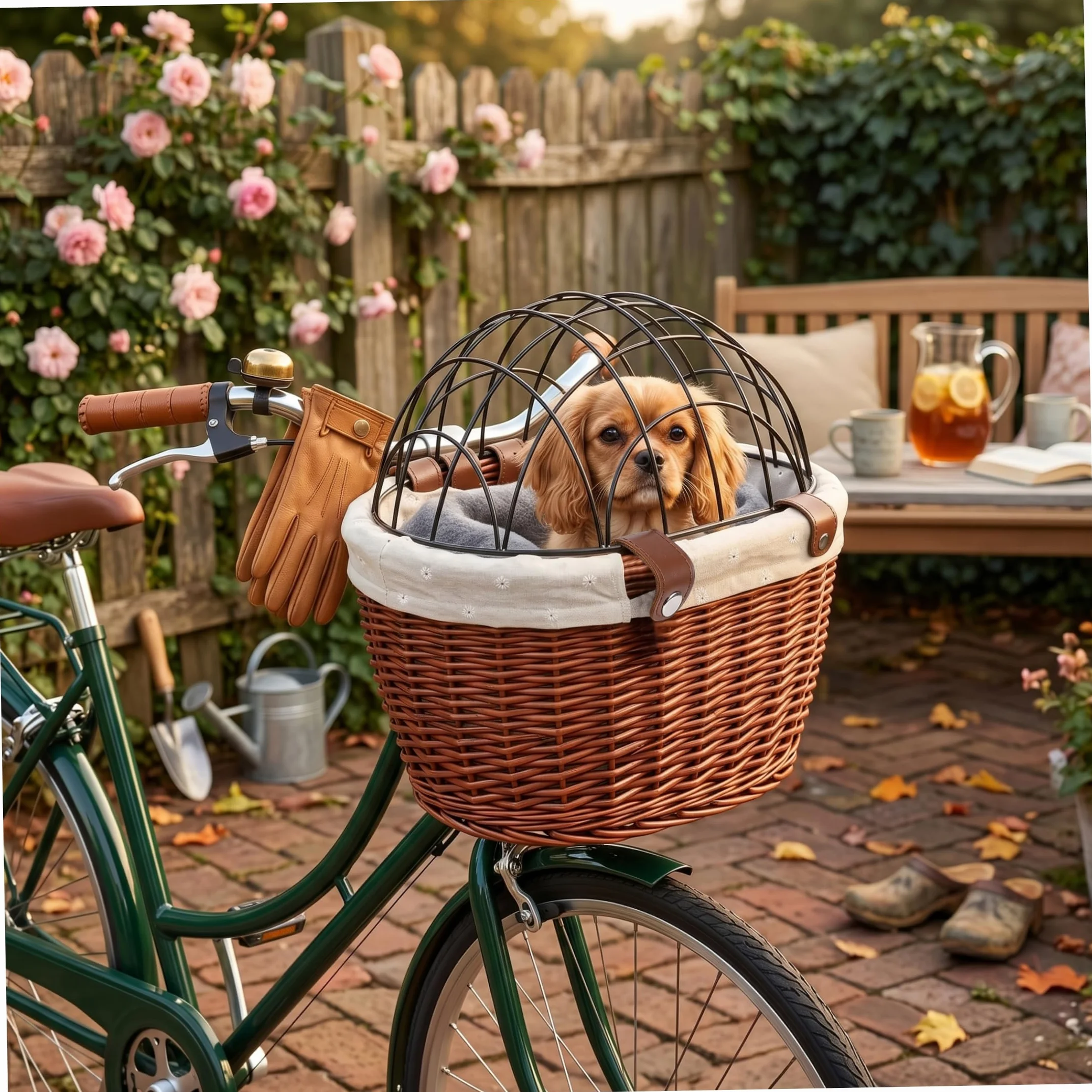 Cestino per cani da bicicletta vintage – Trasportino per animali in vimini intrecciato a mano con coperchio in ferro e cinghie di sicurezza pelle, marrone