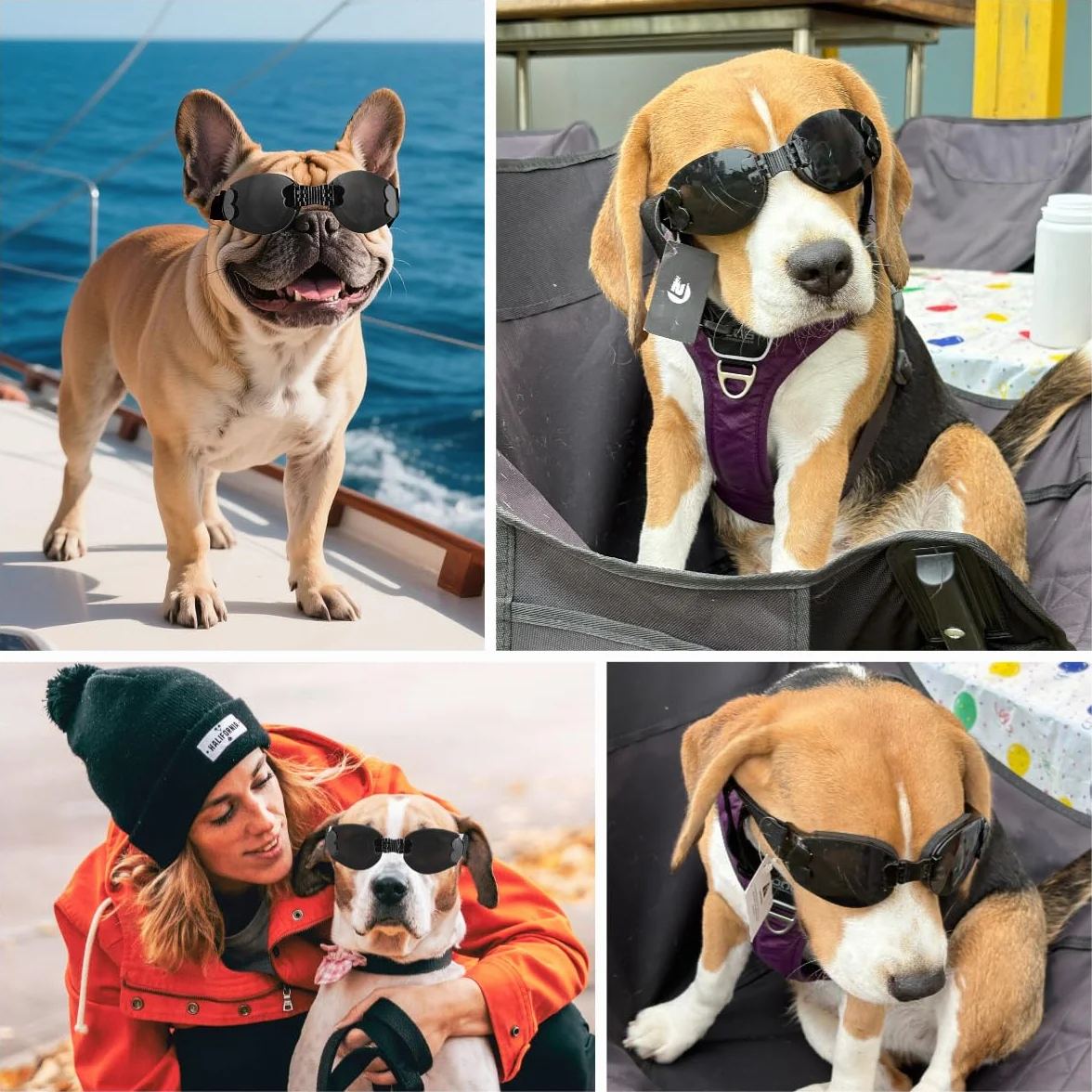 Occhiali da sole per cani pieghevoli, resistenti ai raggi UV, per cani di piccola e media taglia, equitazione/guida/viaggi all'aperto
