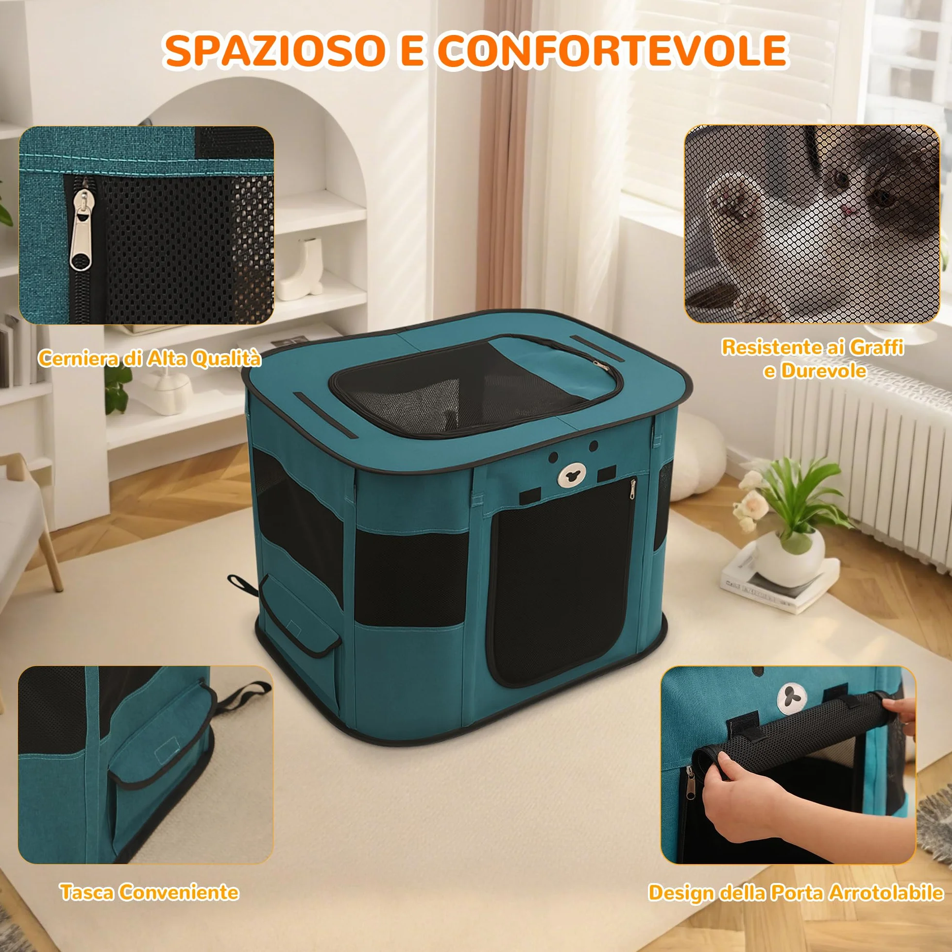 ALLSOPETS Pieghevole Recinto per Cani da Interno, Box Traspirante Portatile per Gatti Conigli Cuccioli con Borsa, Blu Reale M