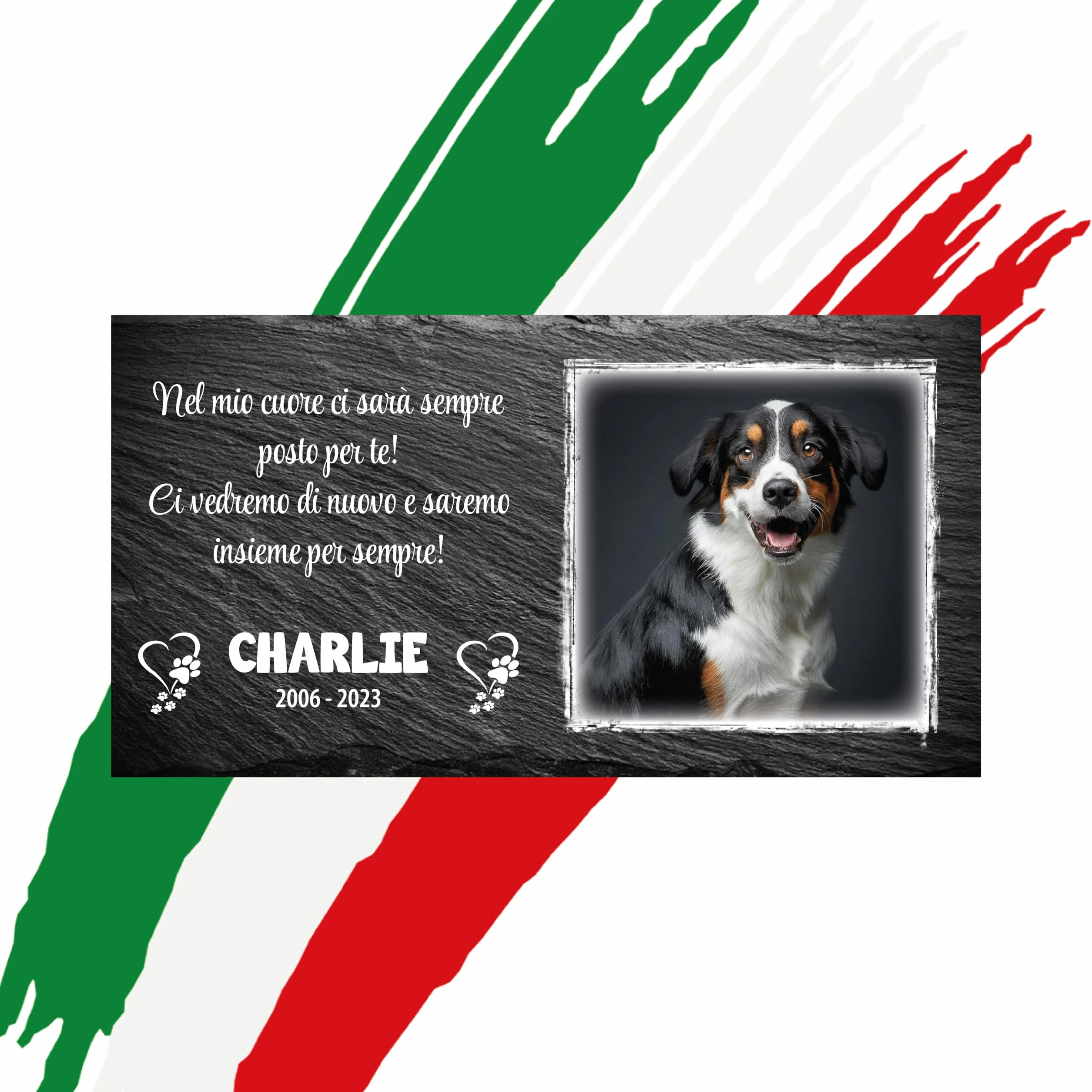 Lapide commemorativa per Cane e Gatto personalizzabile in Pietra con Foto Rettangolare 32,5x17,6cm