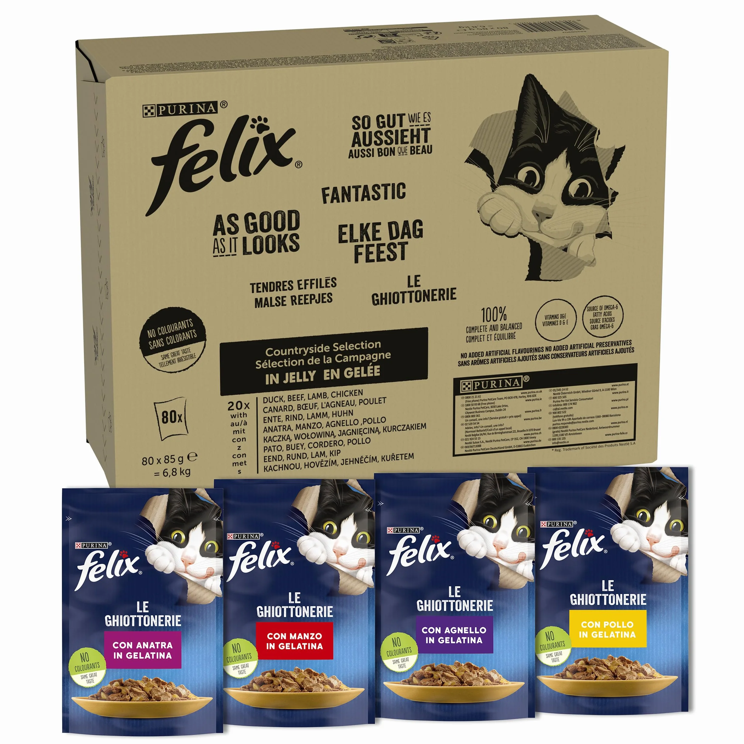 Felix Le Ghiottonerie Cibo Umido per Gatti Adulti Bocconcini in Gelatina con Manzo Pollo Anatra e Agnello 80 Bustine 85 g