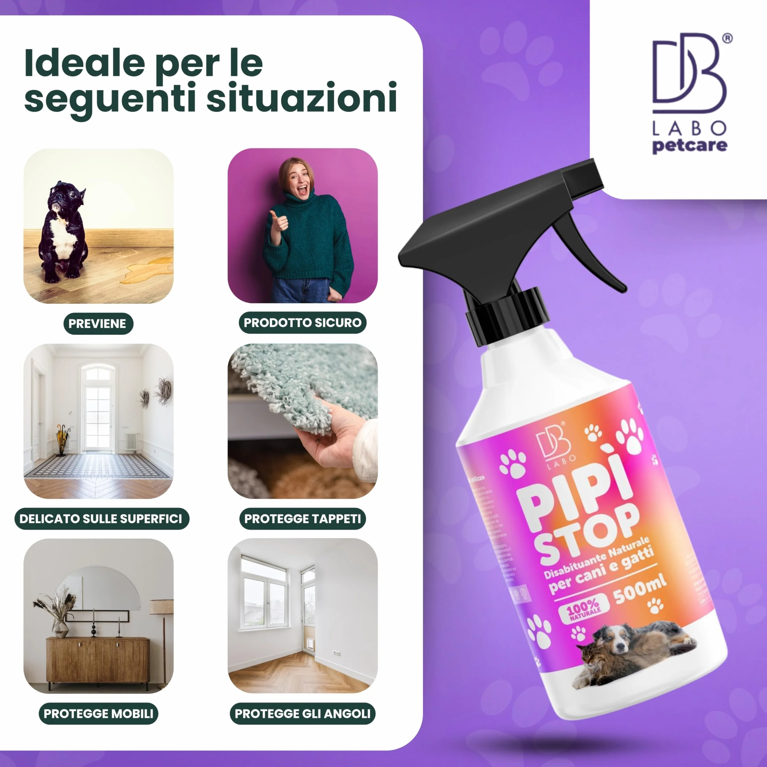 Spray Disabituante per Cani e Gatti 500ml, Repellente per Gatti, Anti Pipi, Dissuasori per Cani, Allontana Animali da Divano, Giardino e Pavimenti, Urine off Gatti, Uso Interno ed Esterno