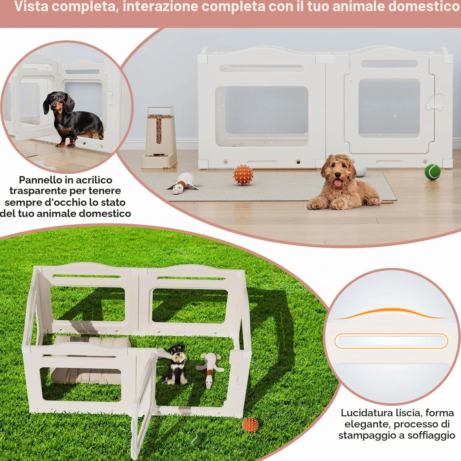 Clevich Recinto per Cani da Interno in Acrilico 129 × 68 × 60 cm, 5 PCS +1 Pannelli con Porta a Chiusura, Recinto per Cani Pieghevole con Ventose, Parco adatto per Appartamento, Bianco