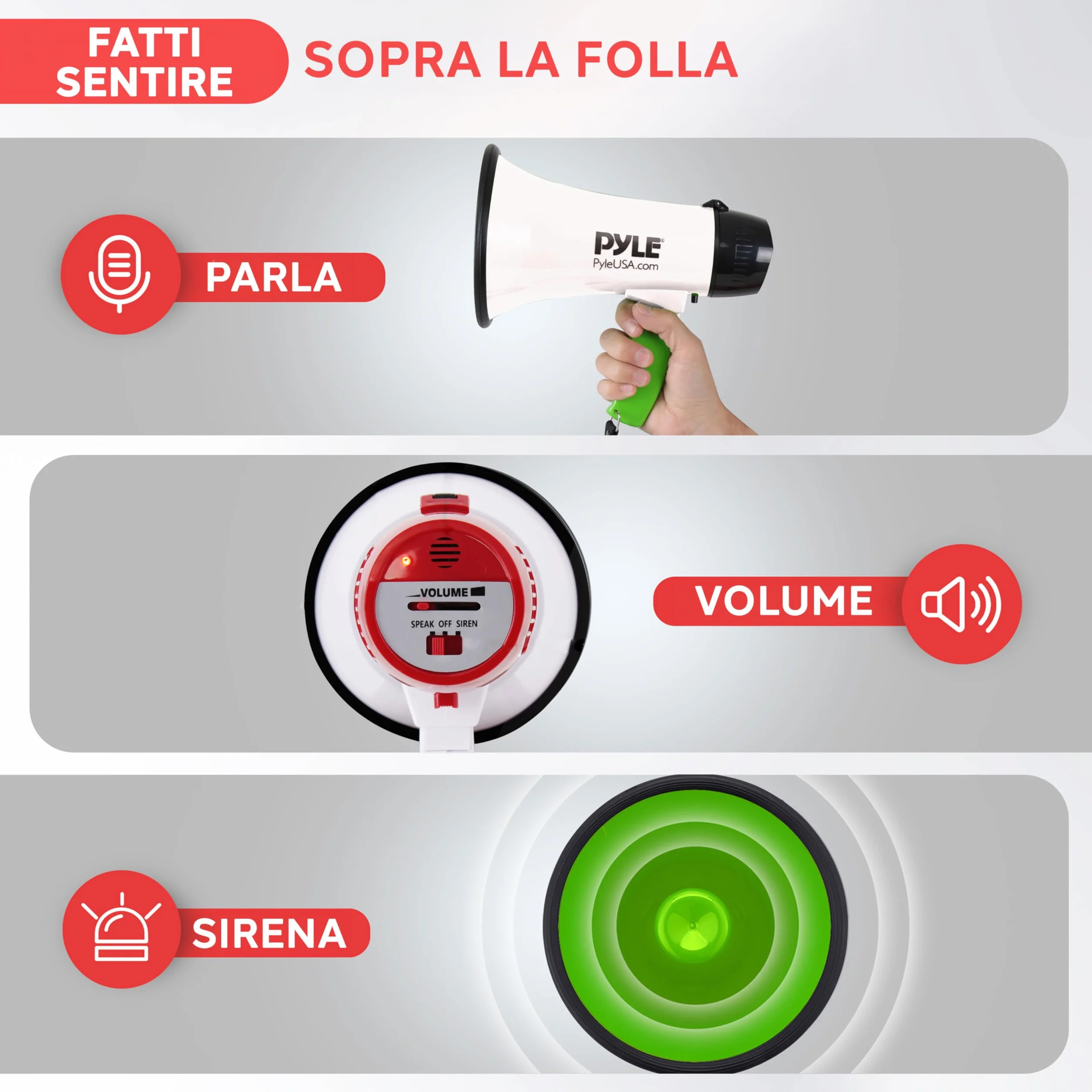 Pyle Megafono PA Bullhorn, Megafono Portatile 20 Watt e Controllo Volume Regolabile con Sirena Integrata & Portata di 730 Metri per Sport e Sicurezza
