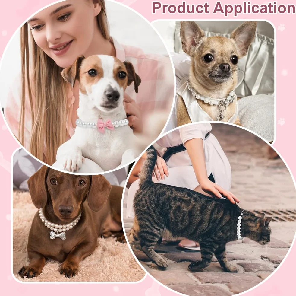 BENECREAT Collana Collare di Perle per Cani e Gatti 205~210mm Fiocco Rosa