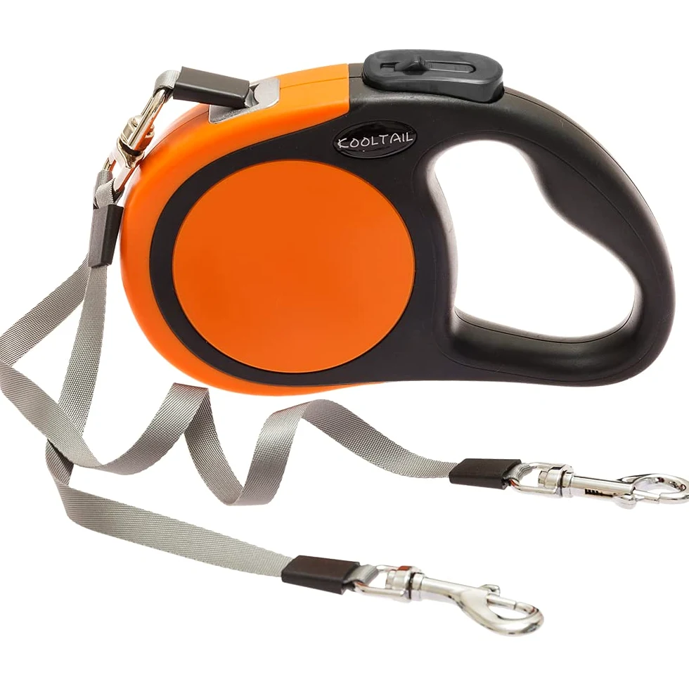 KOOLTAIL Guinzaglio retrattile doppio per due cani fino a 49,9 kg, resistente, doppia testa, 4,9 m, flessibile, estensibile a 360°, senza grovigli, con un pulsante e un freno di bloccaggio, per cani