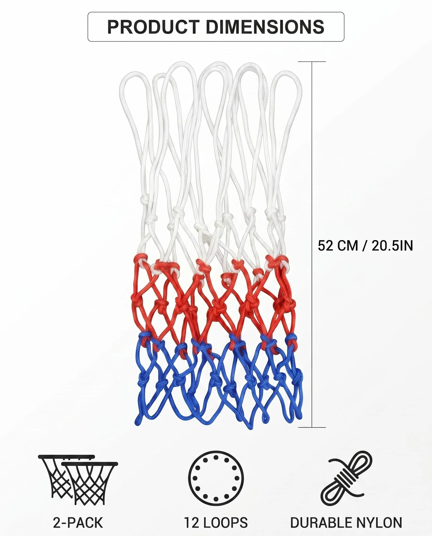 Rete Canestro Basket 2 Pezzi, Ricambio Nylon Rinforzato Standard 12 Anelli Resistente Intemperie
